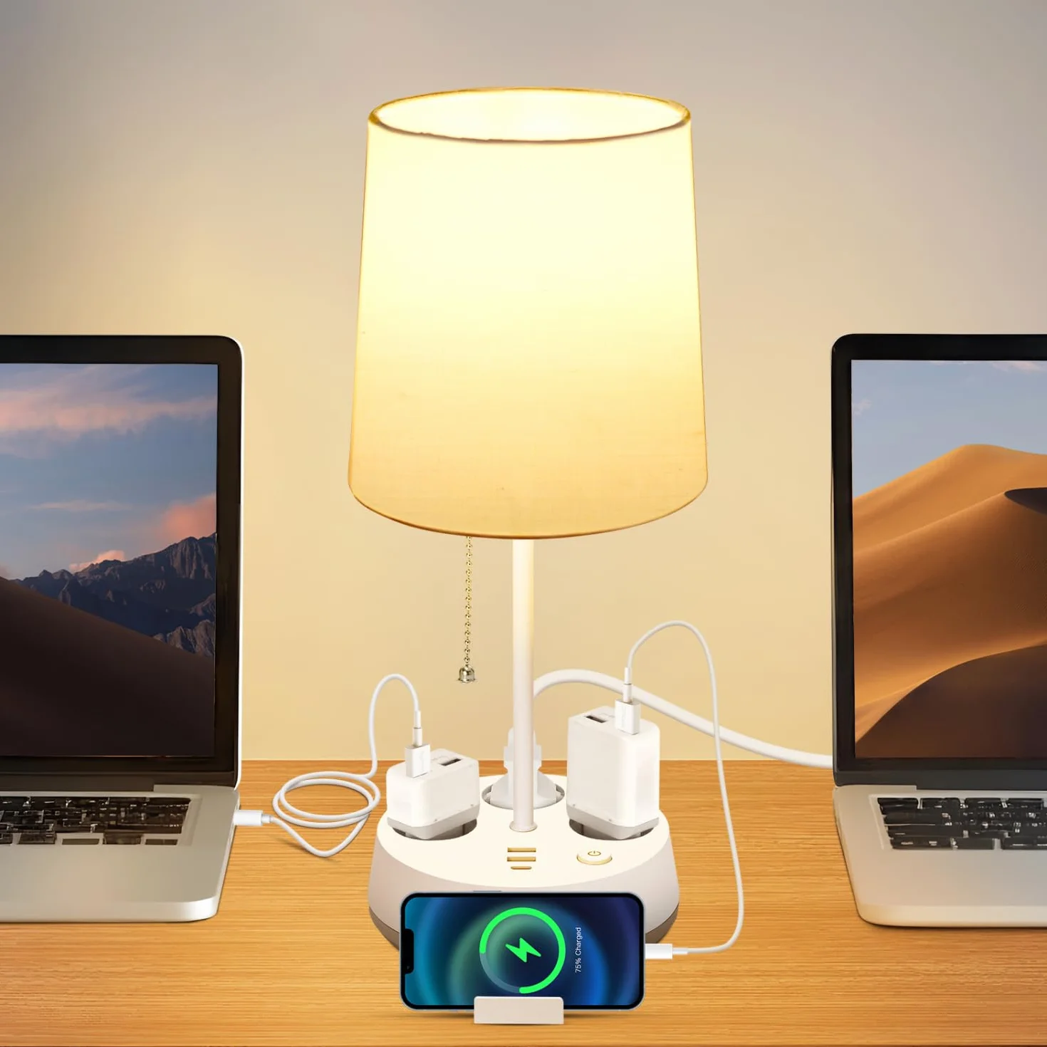 Aigostar Lámpara de Mesa E27 con Enchufe y Toma de Corriente, USB y Tipo C, Pantalla de Tela, Blanca
