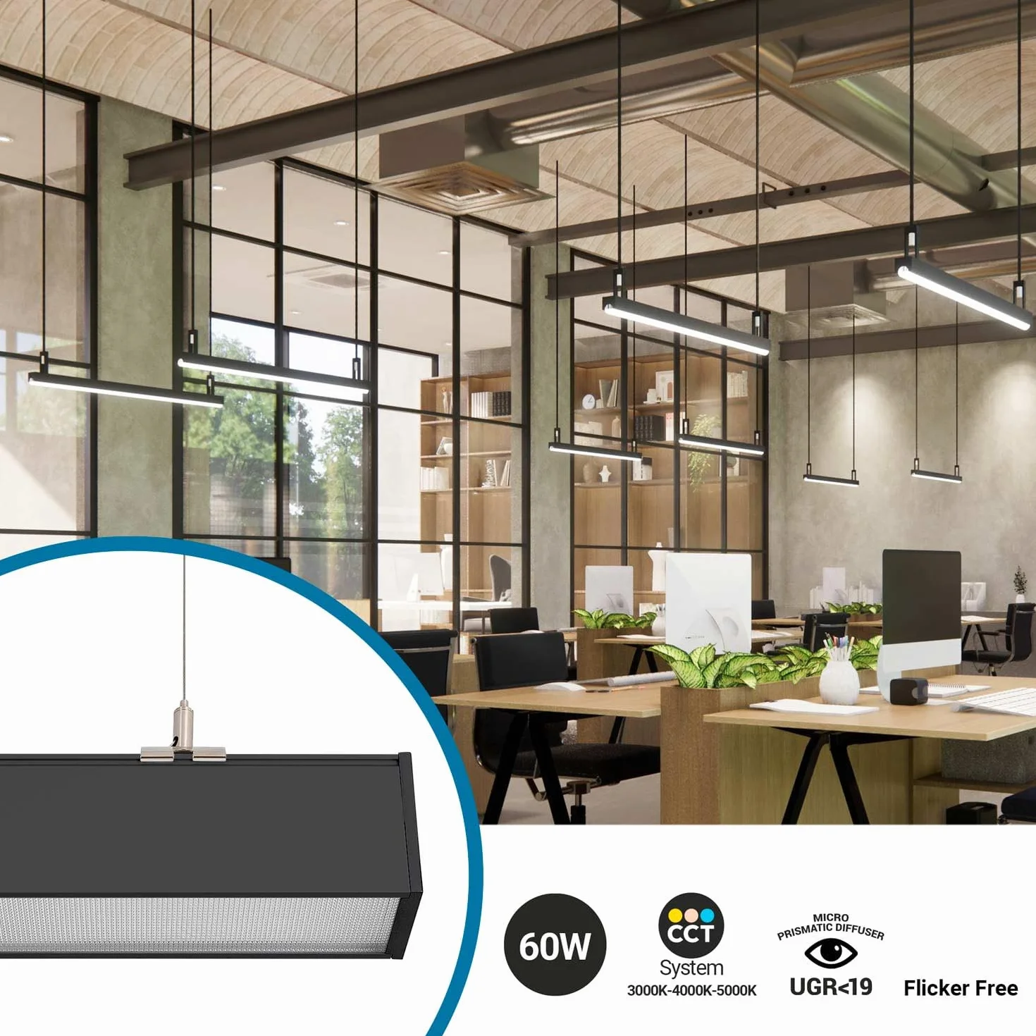 B·LED BARCELONA LED Luminaria lineal LED CCT 60W 180cm Potencia ajustable Suspensión superficie