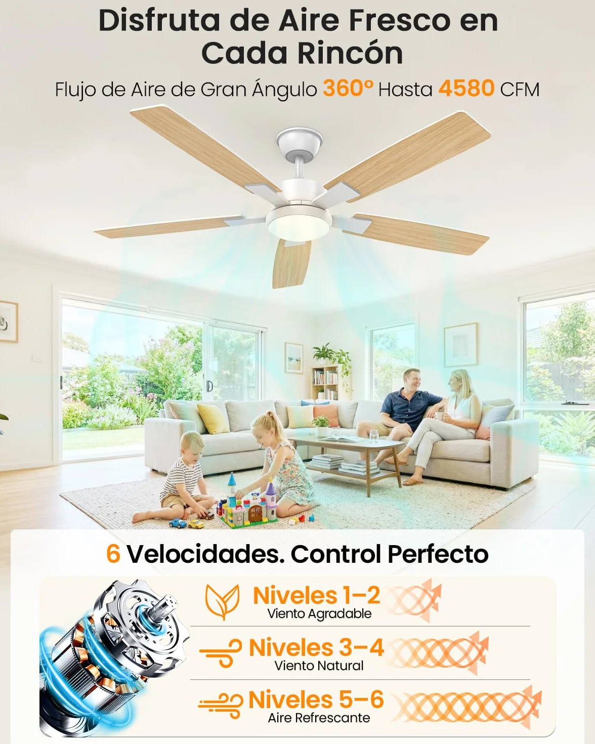 Ventilador de Techo con Luz Silencioso 132cm Aspas Reversibles Motor DC Regulable con Mando