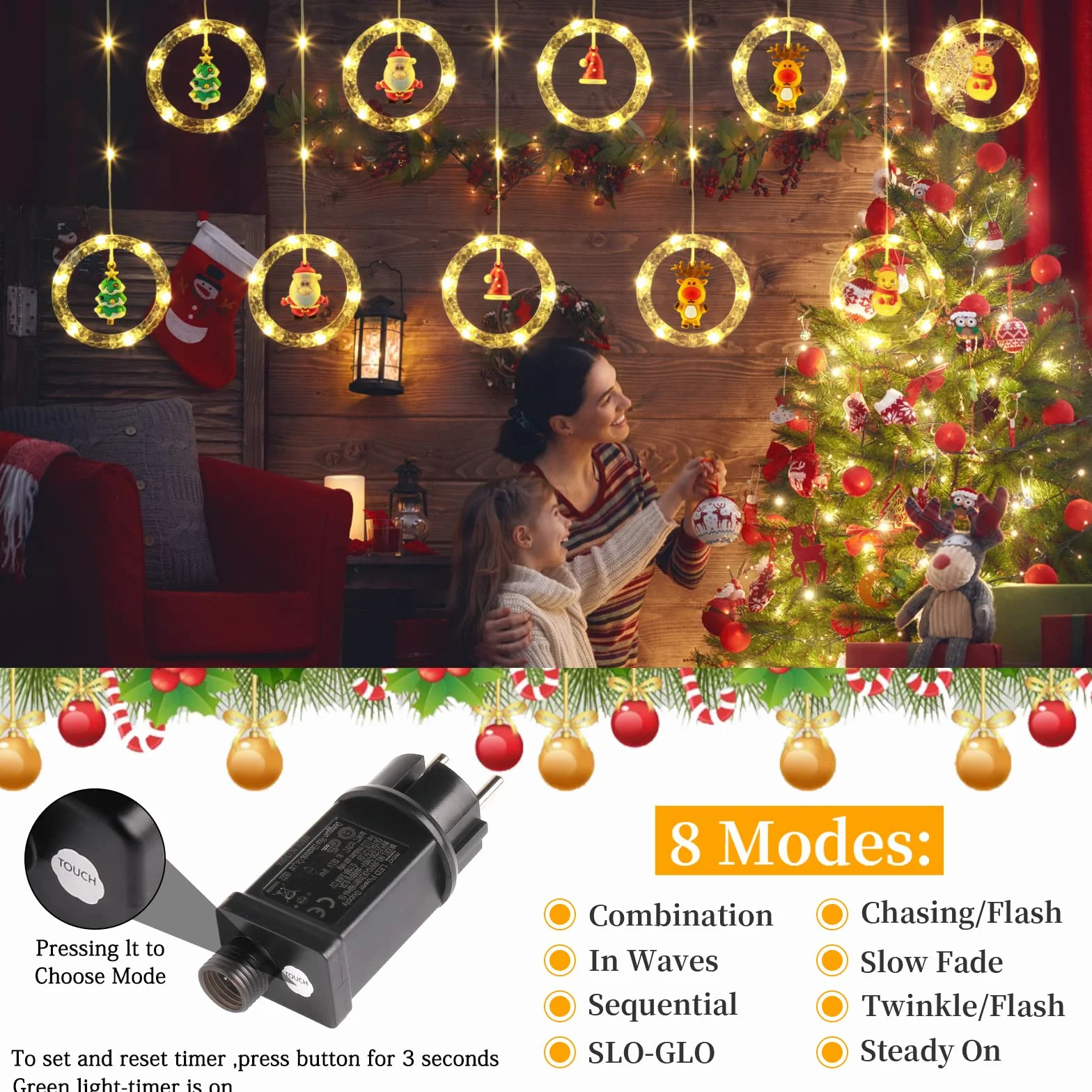 GlobaLink 3M x 0.7M Cortina Luces Navidad Enchufe con 10 Anillos Estatua, Impermeables 8 Modos Adornos para Natal Ventana Bodas Exterior Interior, Luz de Cadena Guirnalda, 100 LED, Blanco Cálido