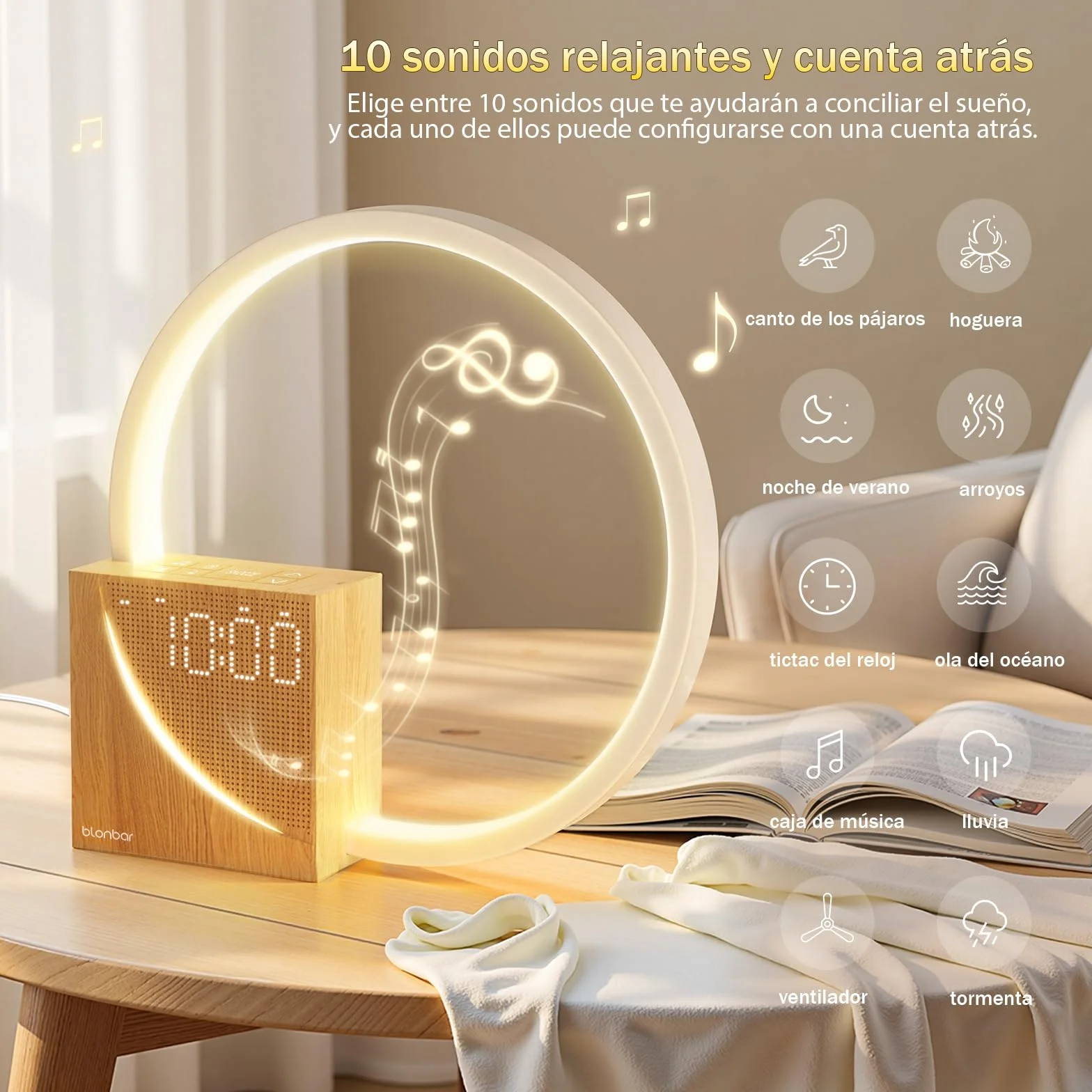 blonbar Despertador de Luz Natural de Cabecera 10W con Carga USB, Luz Nocturna Táctil de 3 Niveles de Brillo, Ayuda para el descanso de adultos y bebés