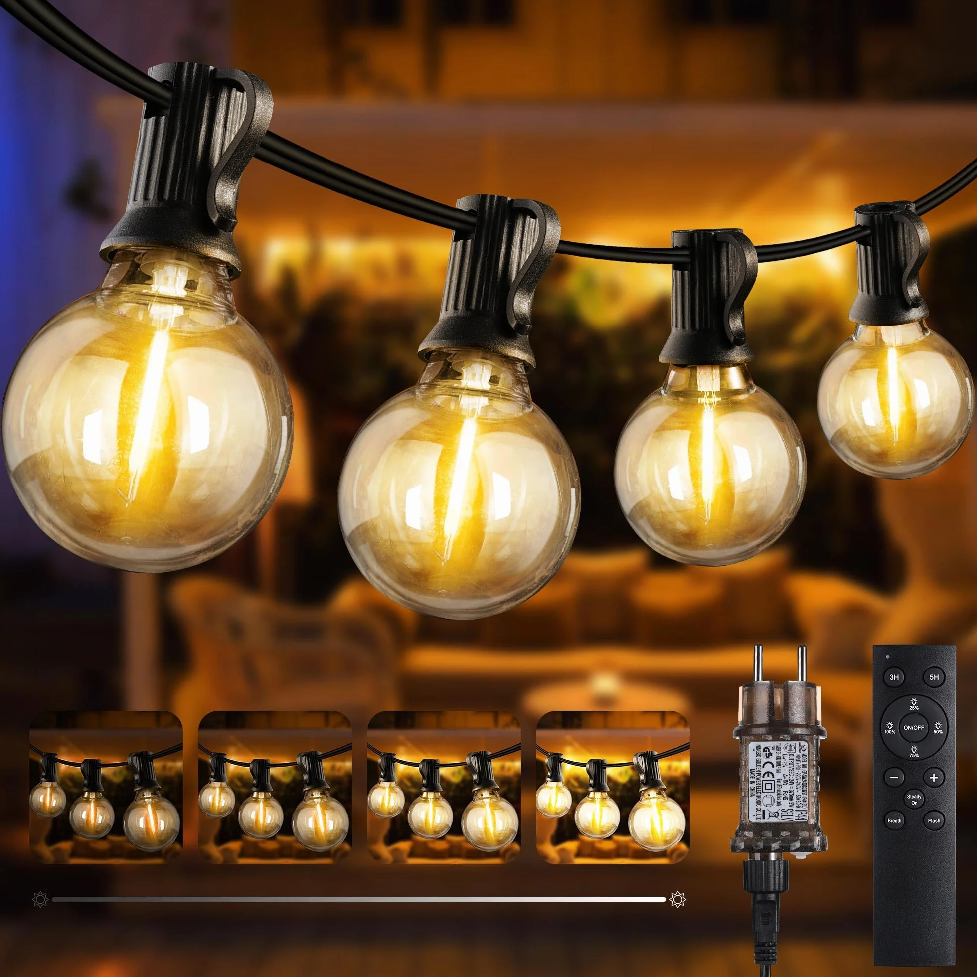 Joomer 20M Guirnaldas Luces Exterior G40 Bombillas 3 Modos Impermeable LED Con Enchufe