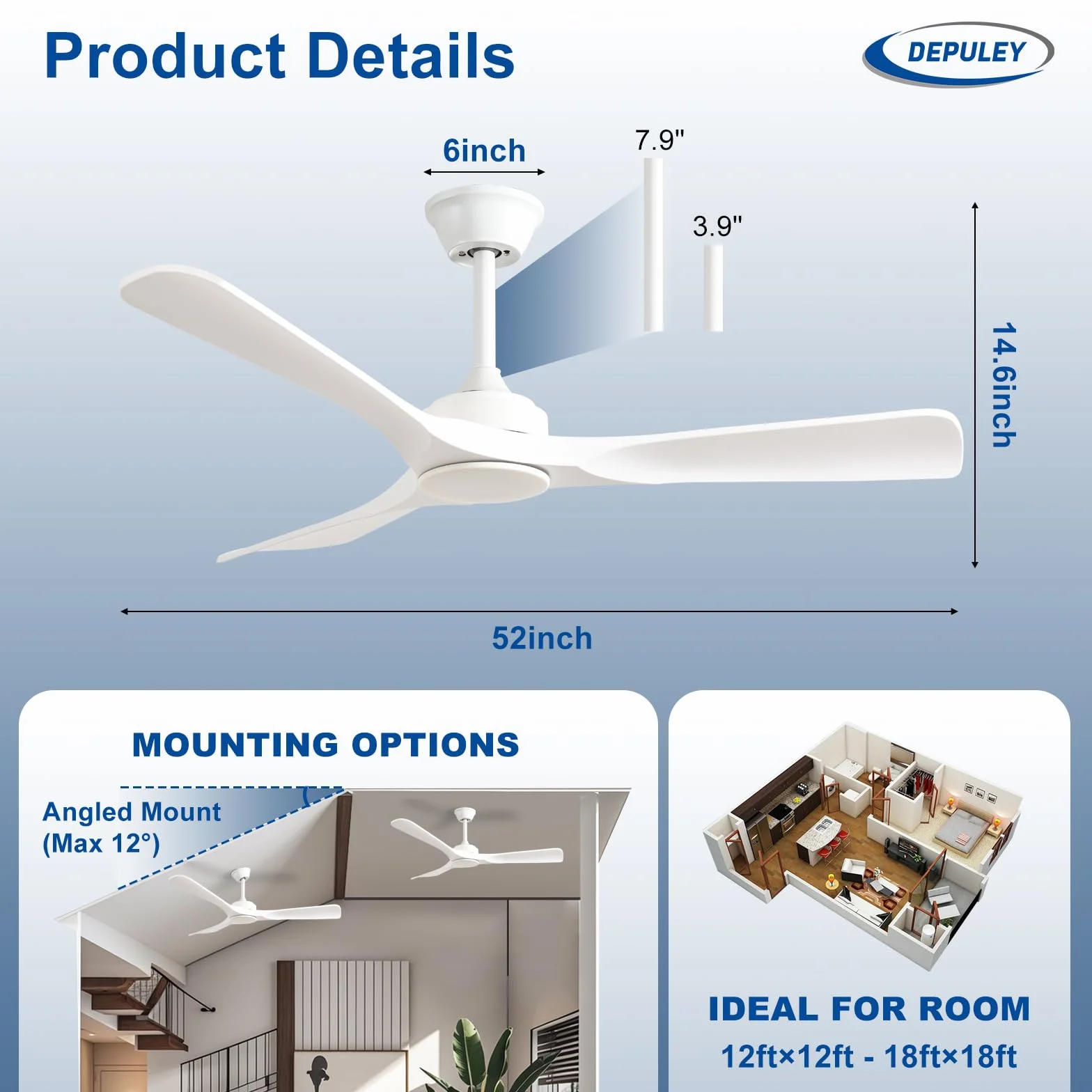 Depuley Ventilador de techo sin luz: Ventilador de exterior de 52 pulgadas con control remoto por aplicación para porches y terrazas - Ventilador de techo blanco sin luz, reversible, 6 velocidades