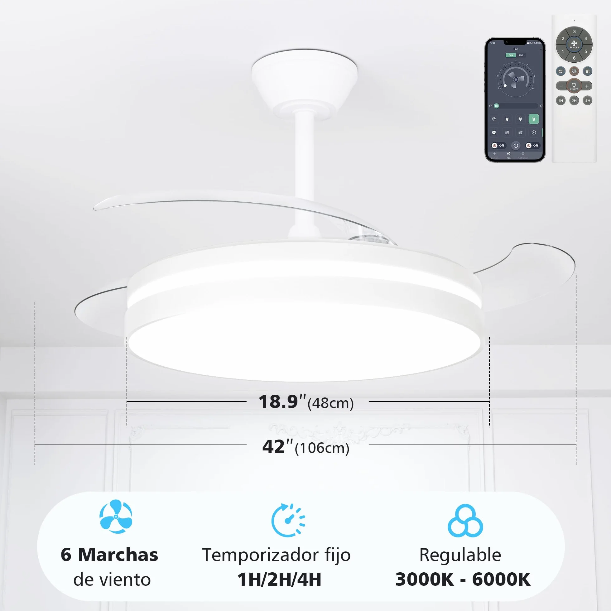 NIORSUN Ventilador de techo con luz,42" (106cm) Ventilador de techo,3 tonalidades, aspas desplegables, 40w 6 velocidades, APP&control remoto, Función Verano-Invierno,Blanco