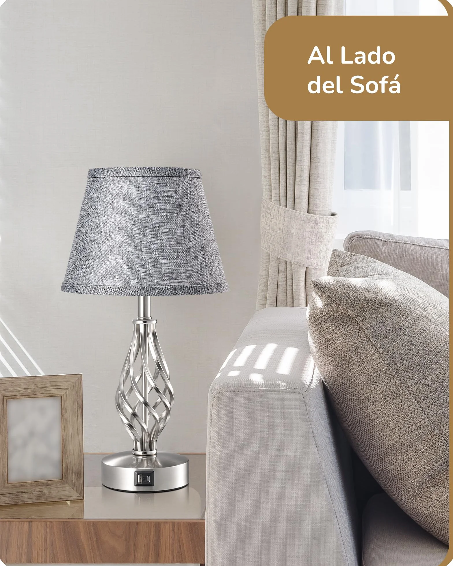 EDISHINE Lámpara de Noche LED Regulable Táctil 2 Lámparas de Mesa 2 Puertos USB de Carga para Dormitorio, Salón, Alféizar de Ventana, Regalo, Pantalla de Lino, Gris