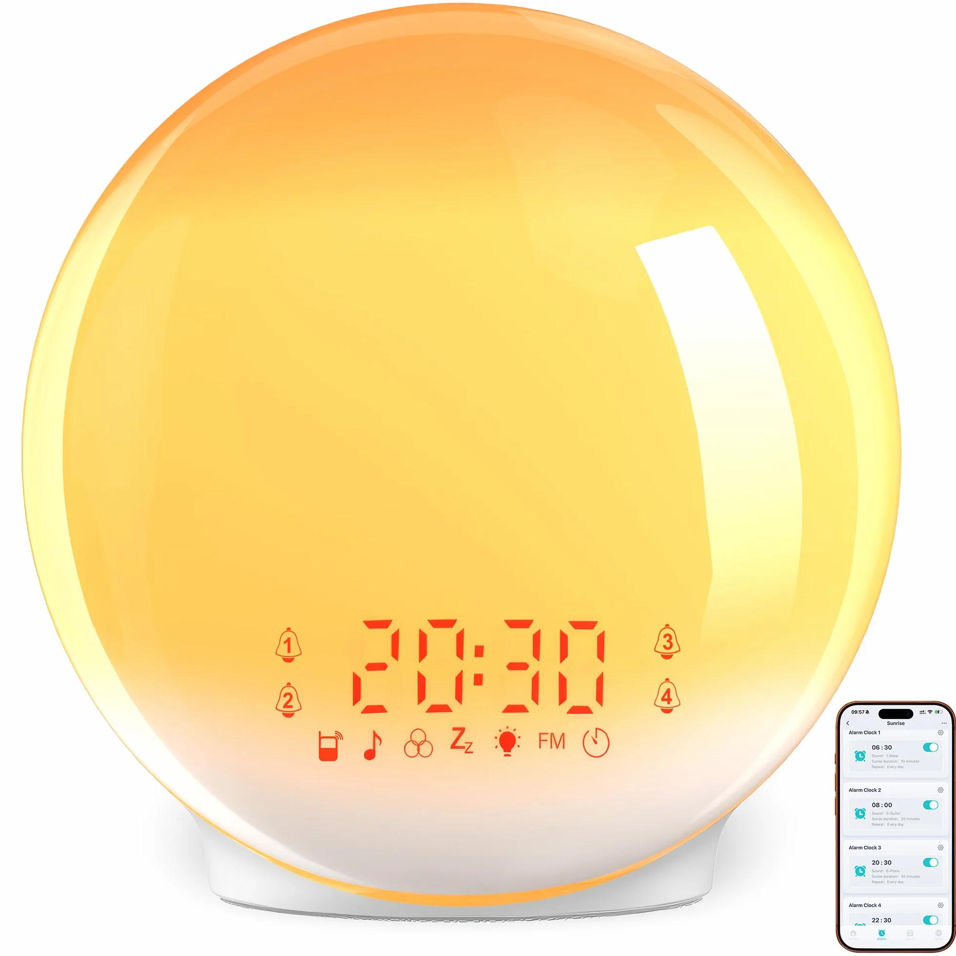 Despertador Luz Wake Up Light con Simulación de Amanecer y Atardecer, App Control, 4 Alarmas, Radio FM, 12 Colores