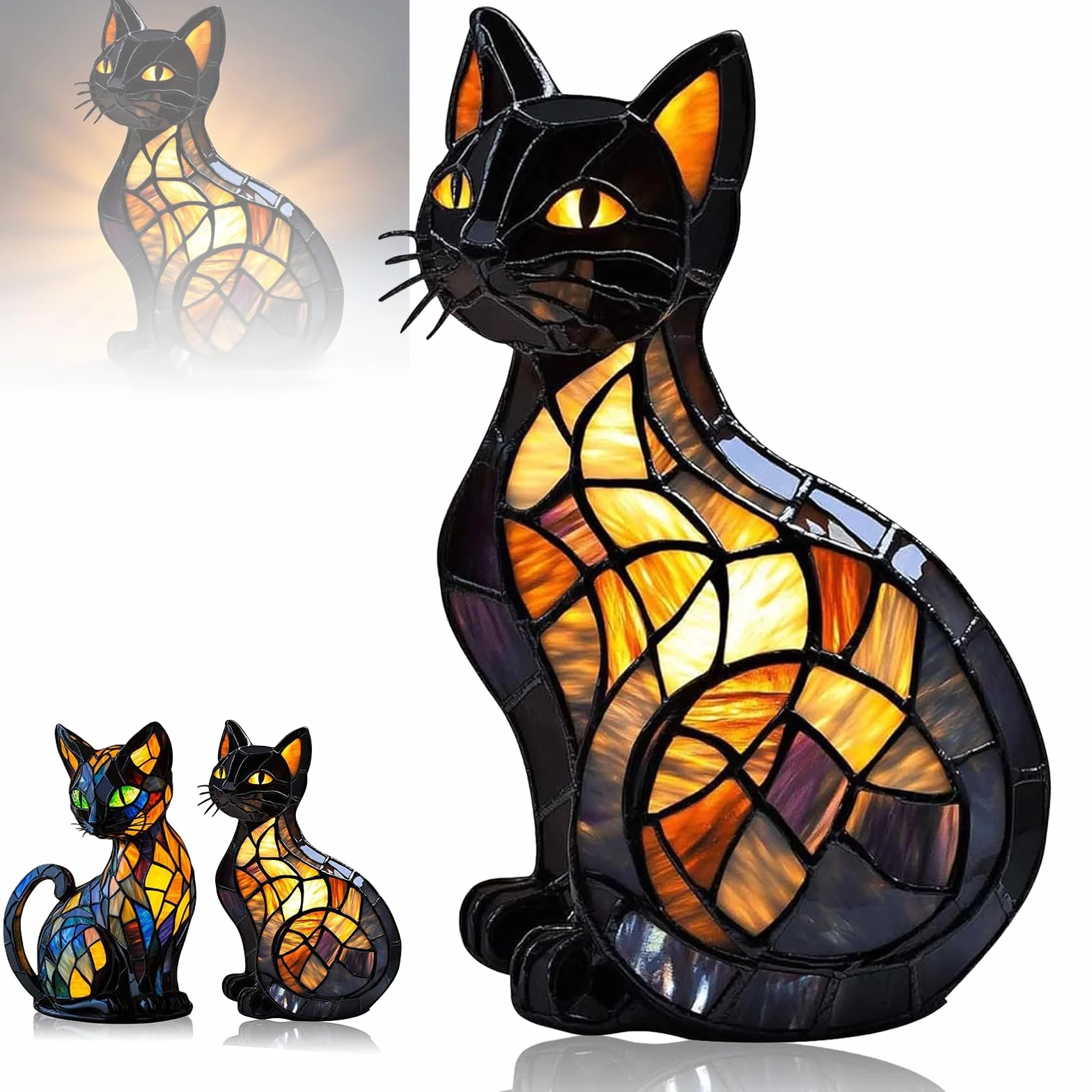 Solymall Glowkitty Cat Lamp Stained Glass Retro Resin Tabletop Night Light 3D Cute Pet LED Table Light