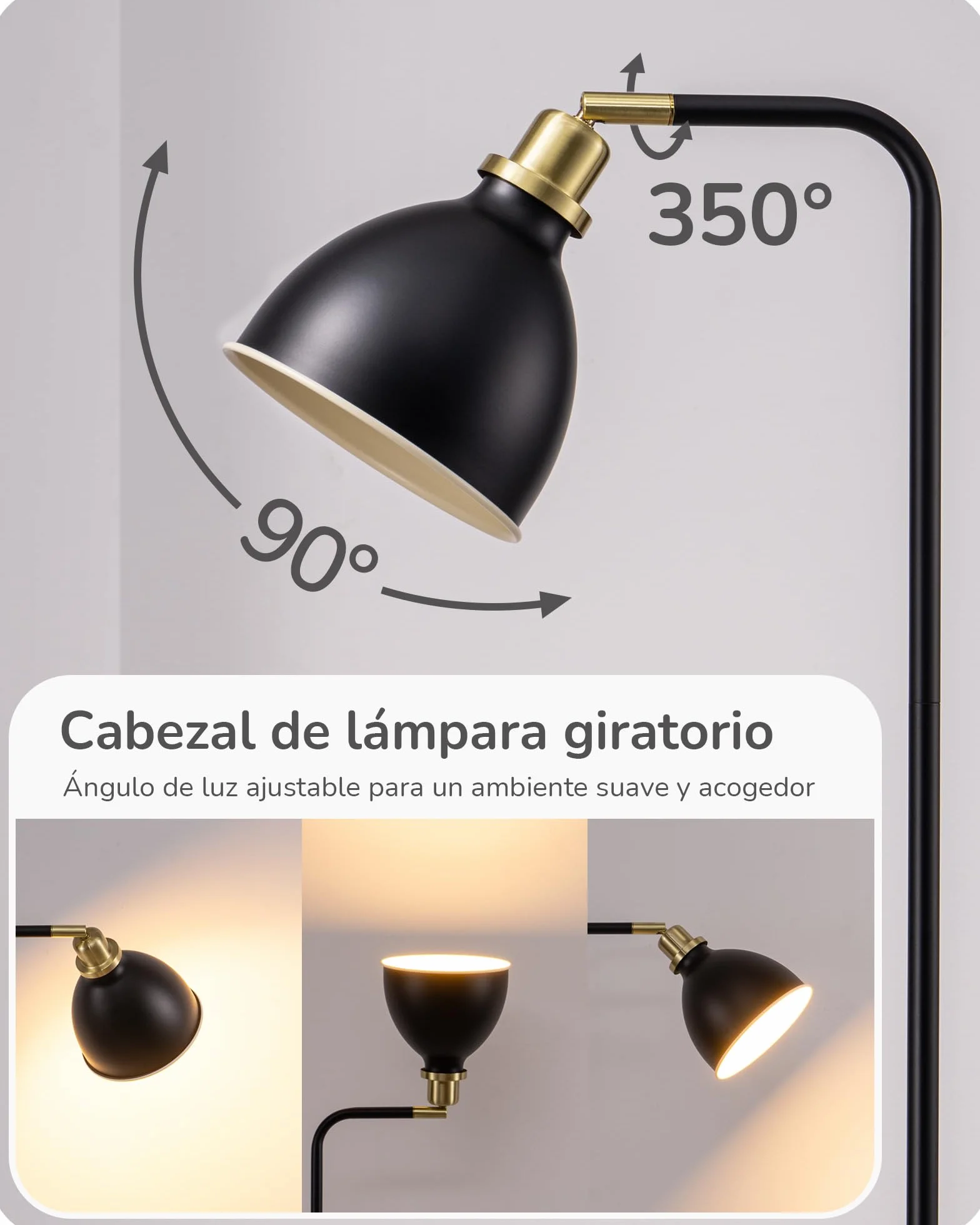 EDISHINE Lámpara de Pie Industrial, Retro con Pantalla Metálica, Cabeza Ajustable, E27, Negro