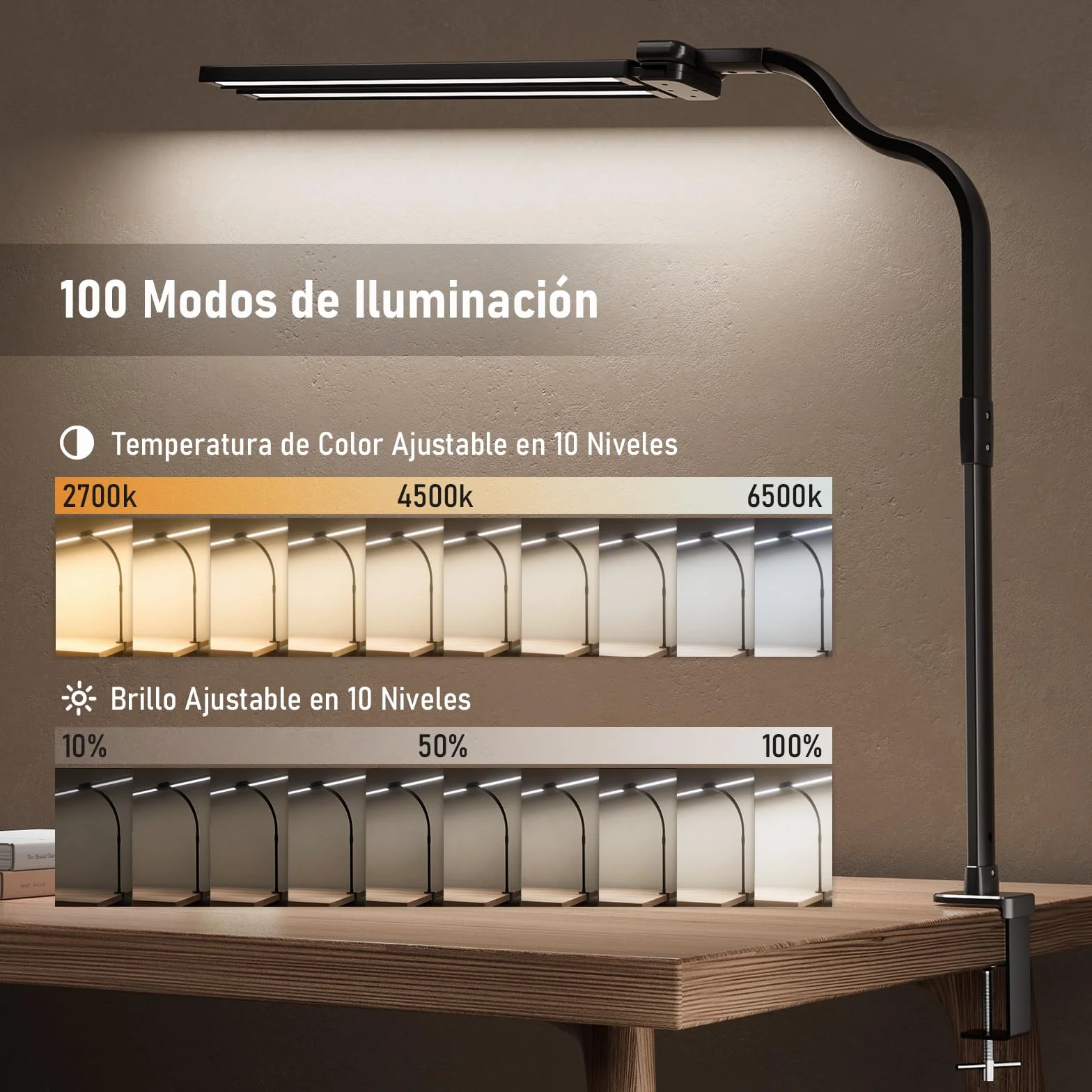 Jeebel Lámpara de Escritorio Pinza LED 24W 80cm Doble Cabezal 1800LM 10 Temperatura Color 10 Niveles Brillo