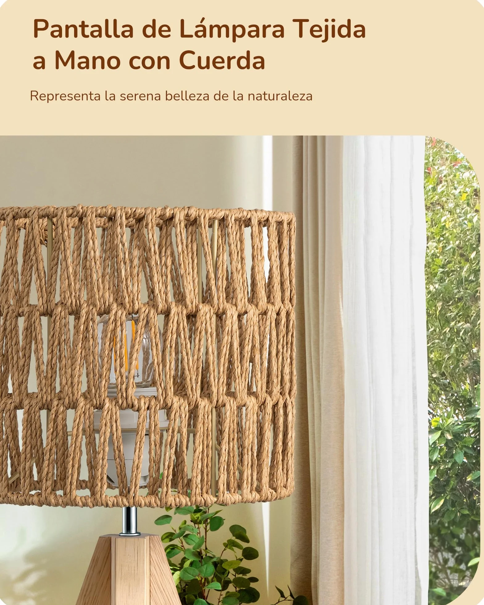 EDISHINE Lámpara de Mesa Pantalla de Lino Blanco Base de Madera Natural E27 Bombilla LED 2700K Incluida