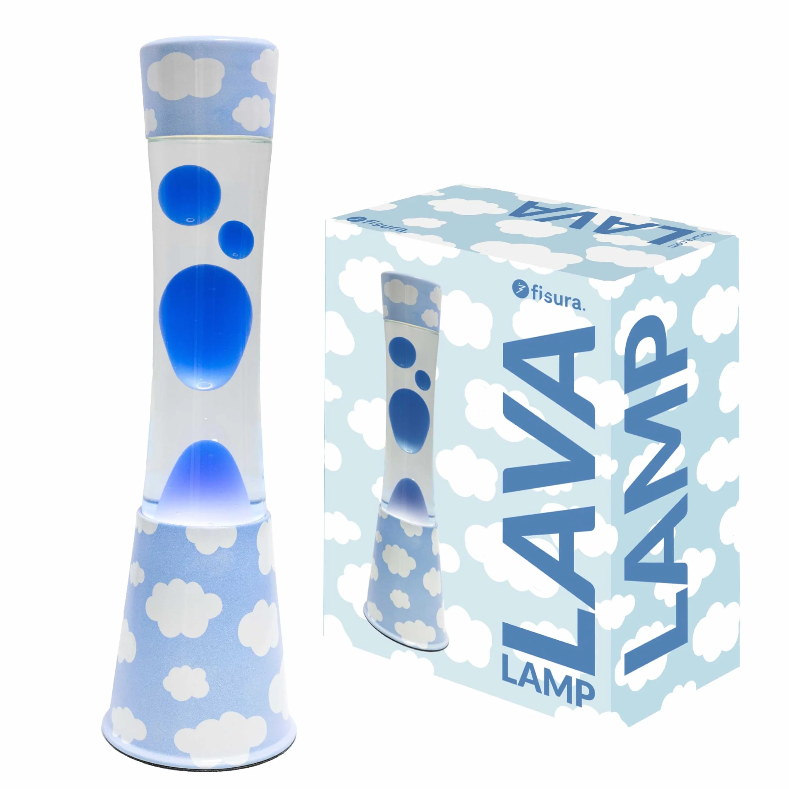 Fisura - Lámpara de lava "nubes". Base con estampado de nubes, líquido transparente y lava azul. Lámpara efecto relajante. Con bombilla de repuesto. 11 cm x 11cm x 39,5 cm.