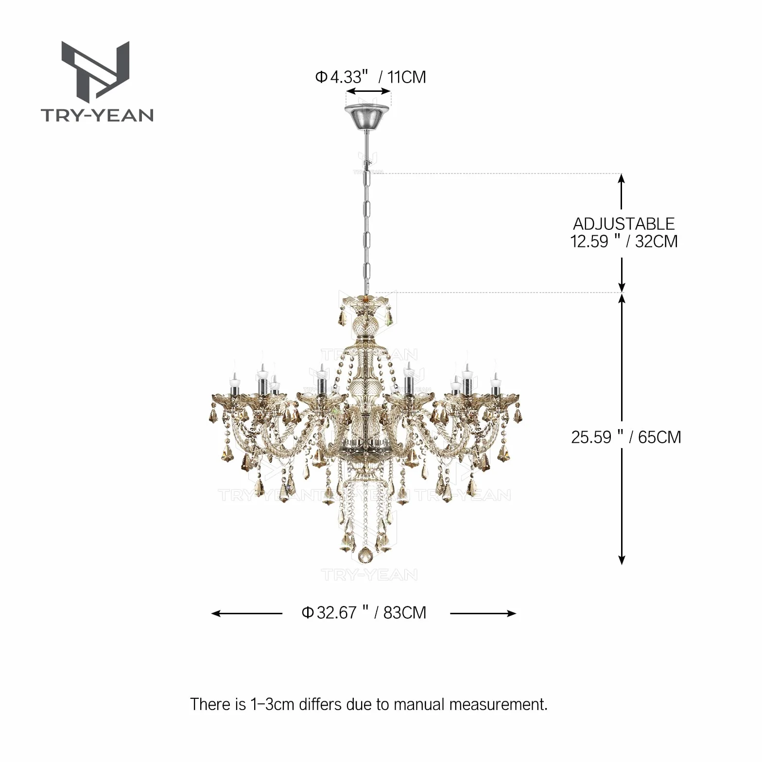 Lámparas de Araña de Coñac Lampara Cristal Colgante Clásico 10 Luces Lámparas Techo Lagrimas K9 Cristal Candelabro con Cadena Ajustable para Dormitorio, Salón, Comedor, Restaurante E14