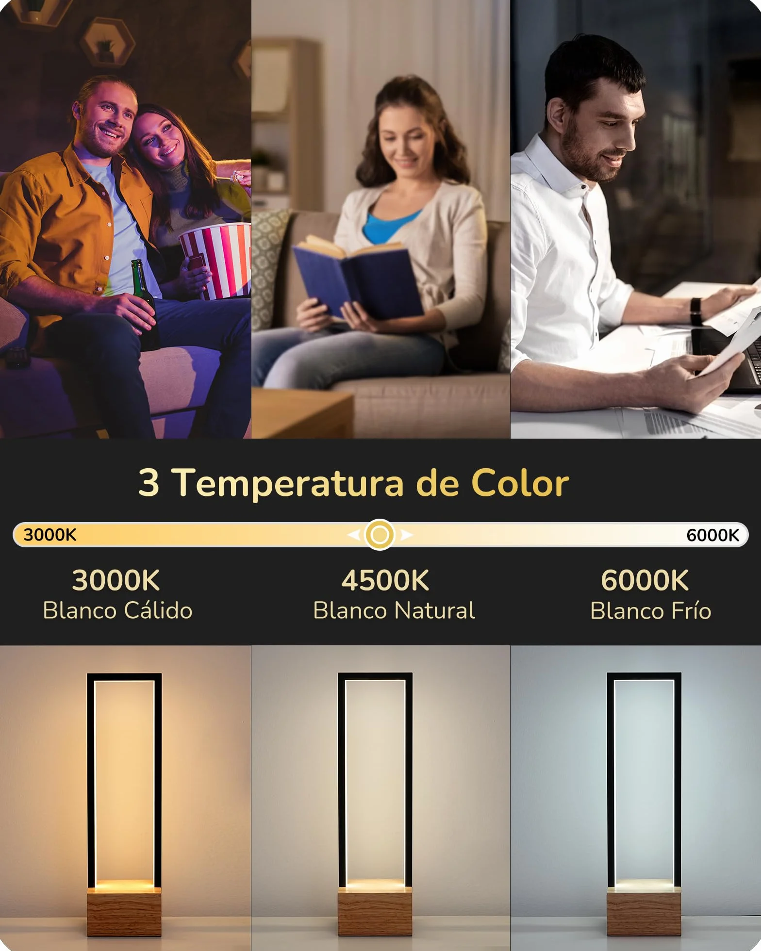 EDISHINE Lámpara de Mesa LED Regulable, 3 Temperaturas de Color 3000K-6000K, Táctil, Aluminio Negro y Madera