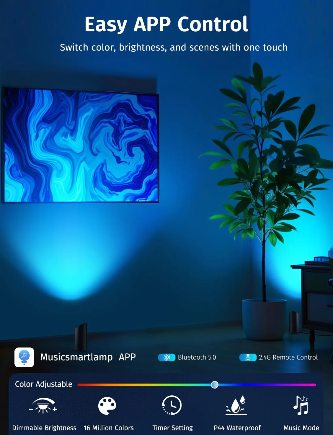 GeyouLux 5W RGBW LED Uplight Spot Regulable, Lampara Pie LED para Salon con Mando a Distancia, Control por App, Temporizador, Modo Musica, Negro 2 Piezas