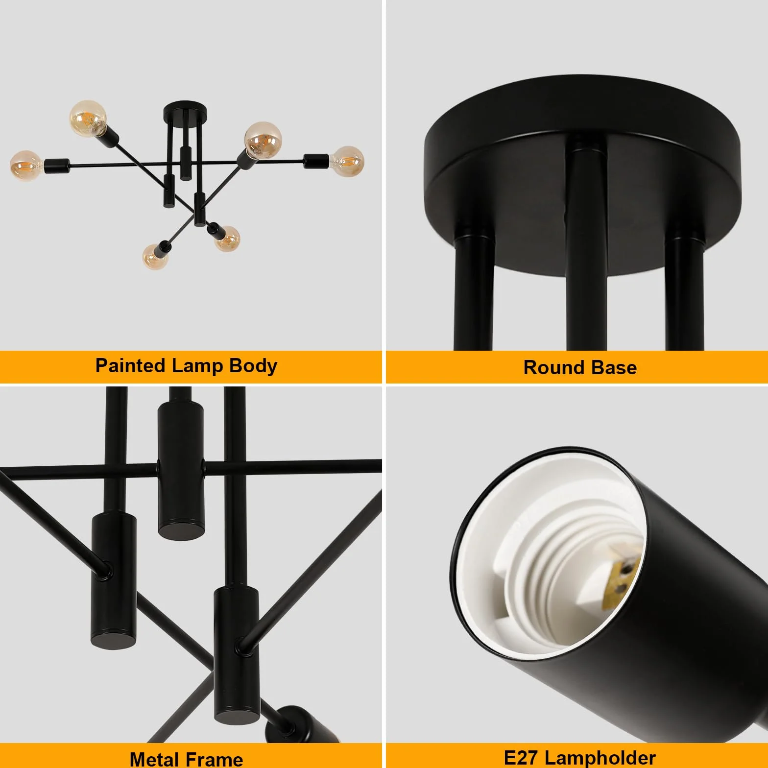 Goeco Lámpara de Araña Negro 70cm 6 Luces E27 Orientable 180° Metal