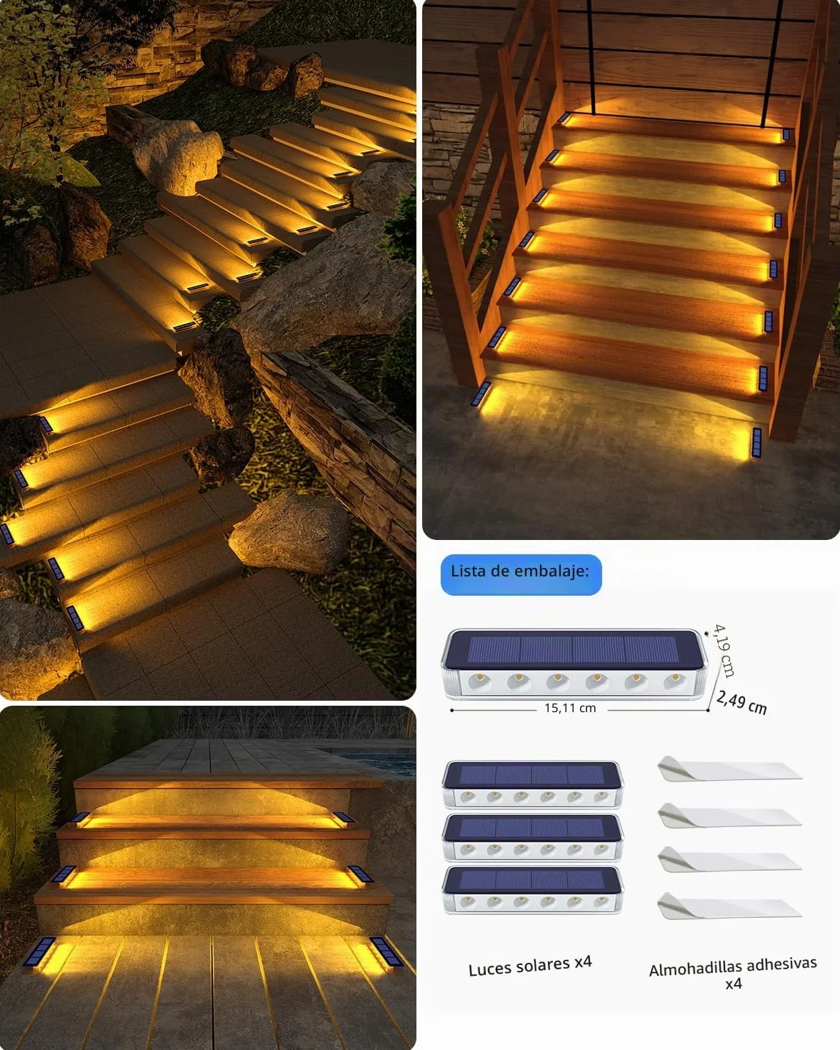 DetarZinLED Luces Solares LED Exterior Jardin 4 uds IP68 Blanco Cálido Impermeable