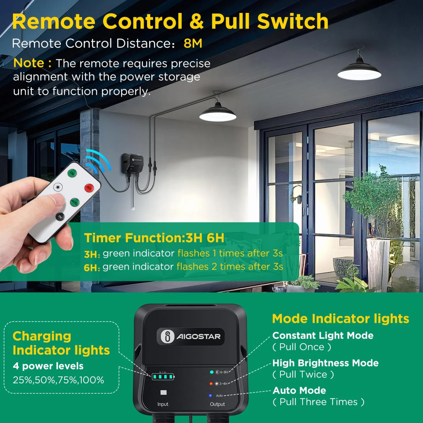 Aigostar - Luz solar exterior con mando a distancia y cuerda de tracción，cable de 11 m，batería de gran capacidad de 6000 mAh，IP65.Luz solar para interior/exterior，jardín，camping，2 lámparas