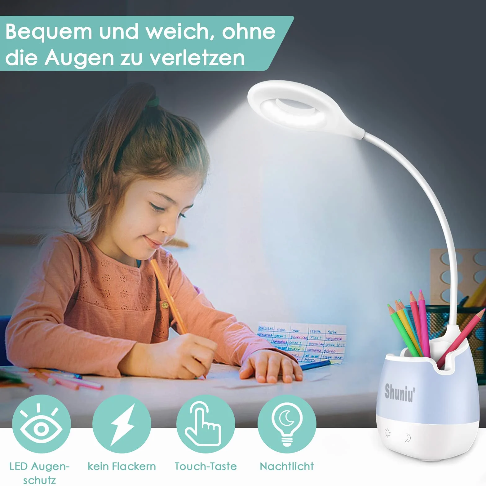 Lámpara de escritorio LED Shuniu 360° flexible 20 LED 3 niveles de brillo luz nocturna RGB con soporte para teléfono móvil