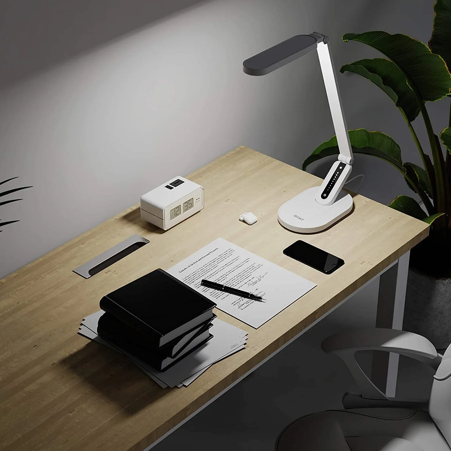 JKSWT Lámpara de escritorio LED, Lámparas de mesa para el cuidado de ojos protege los ojos Lámpara de oficina regulable con 5 modos de color Puerto de carga USB Control táctil y función de memoria