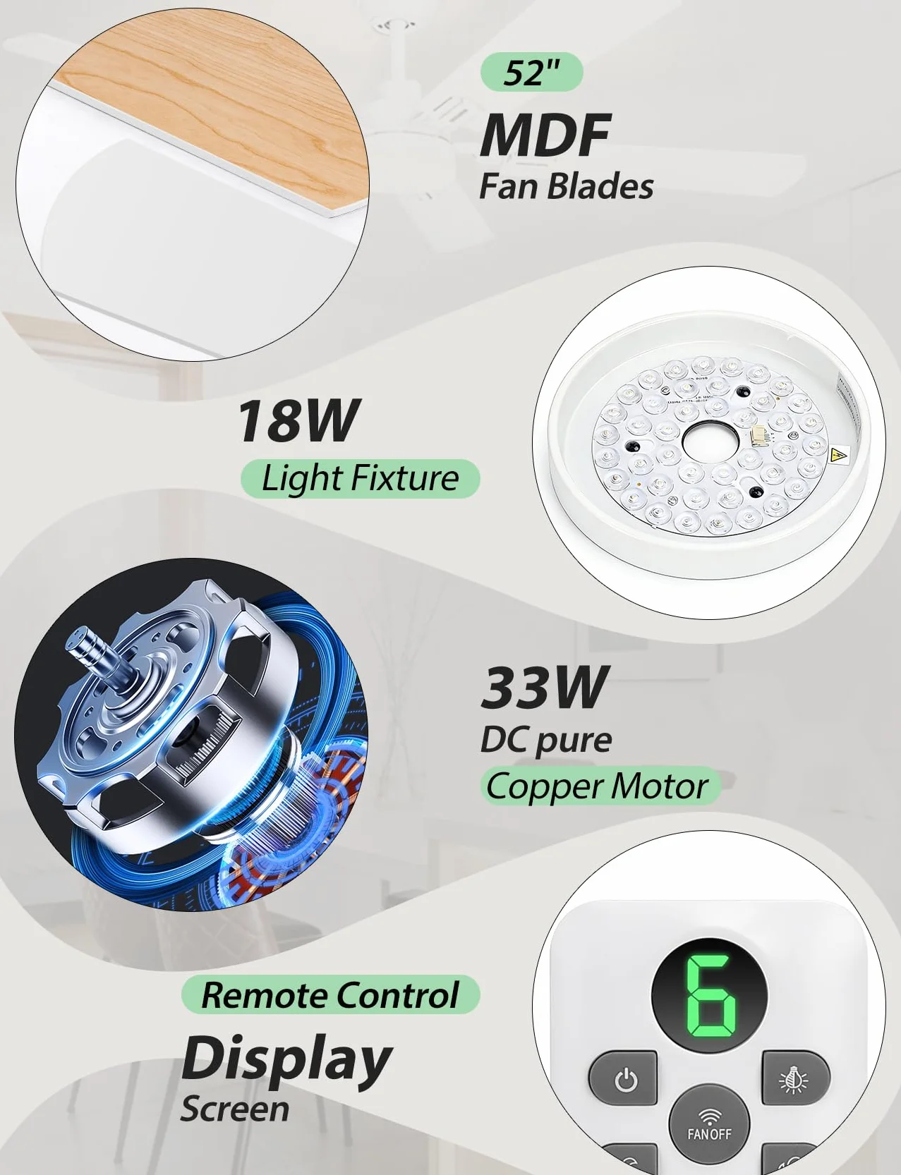 Aigostar Ventilador de Techo con Luz Silencioso 52″ 33W Regulable 3000K/4000K/6000K Mando a Distancia