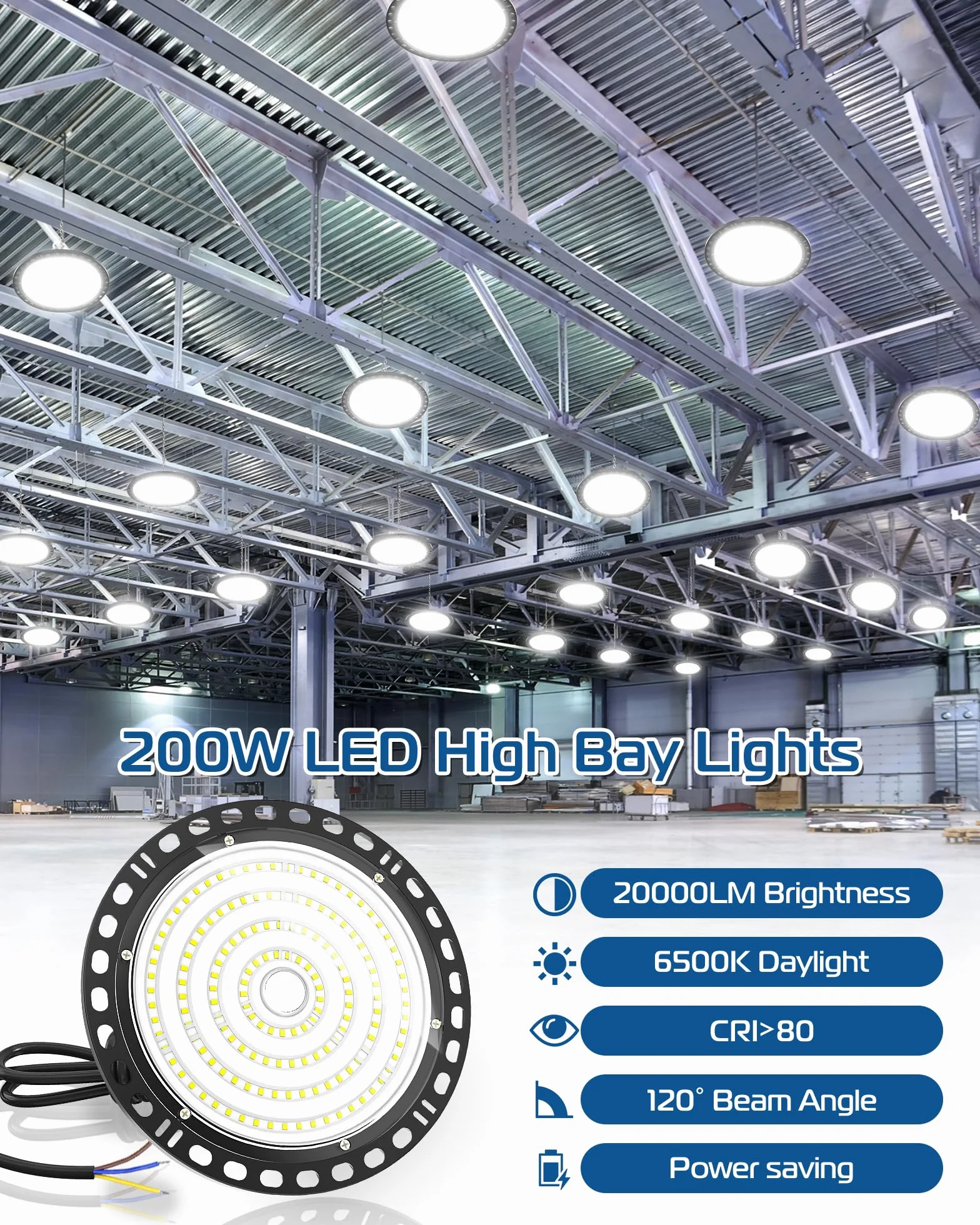 UFO Lámpara de Alta Bahía LED 200W 20000LM 6500K IP65 Impermeable para Garaje Fábrica Taller