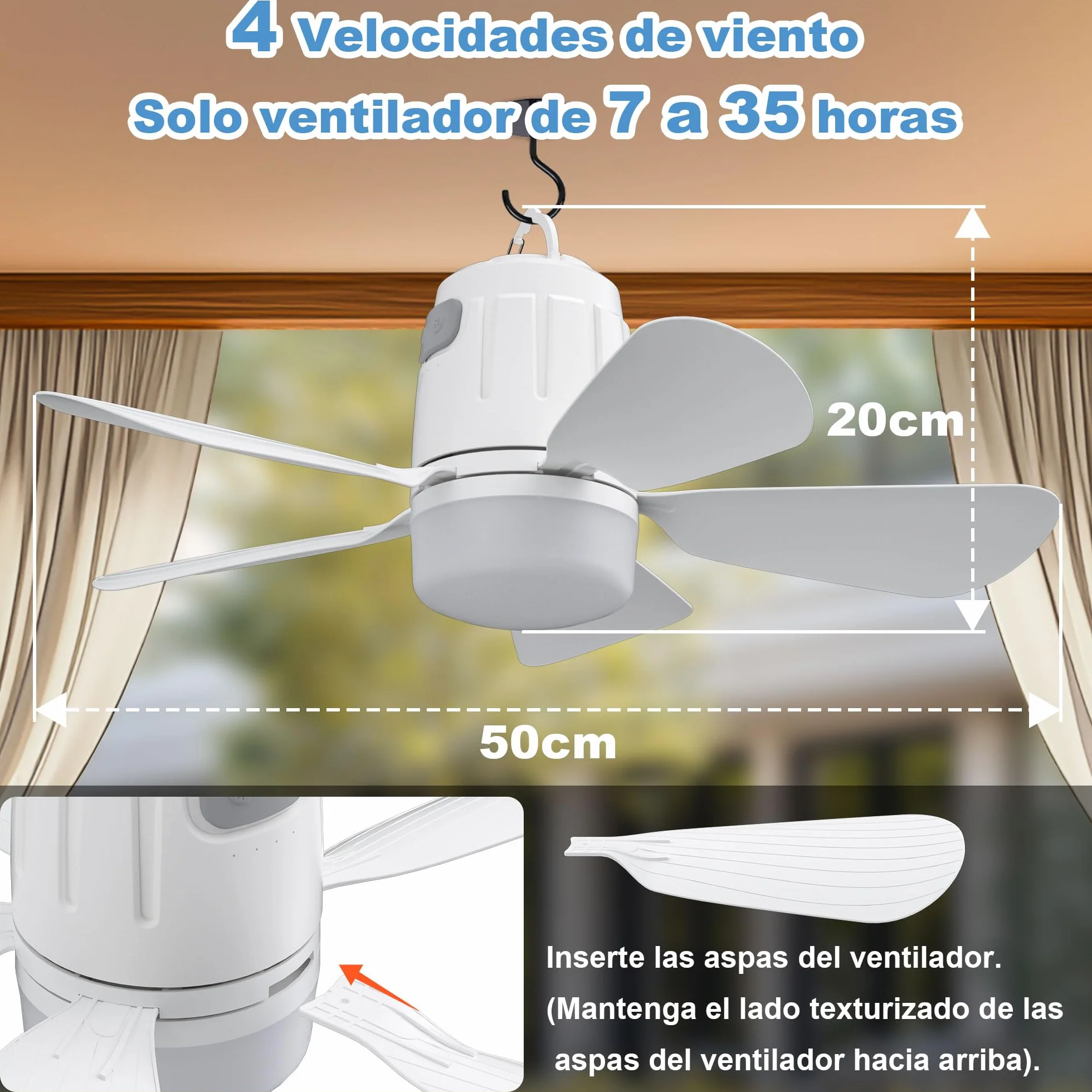 Ventilador Techo Exterior 50CM 20000mAh Recargable con Luz y Mando a Distancia Blanco