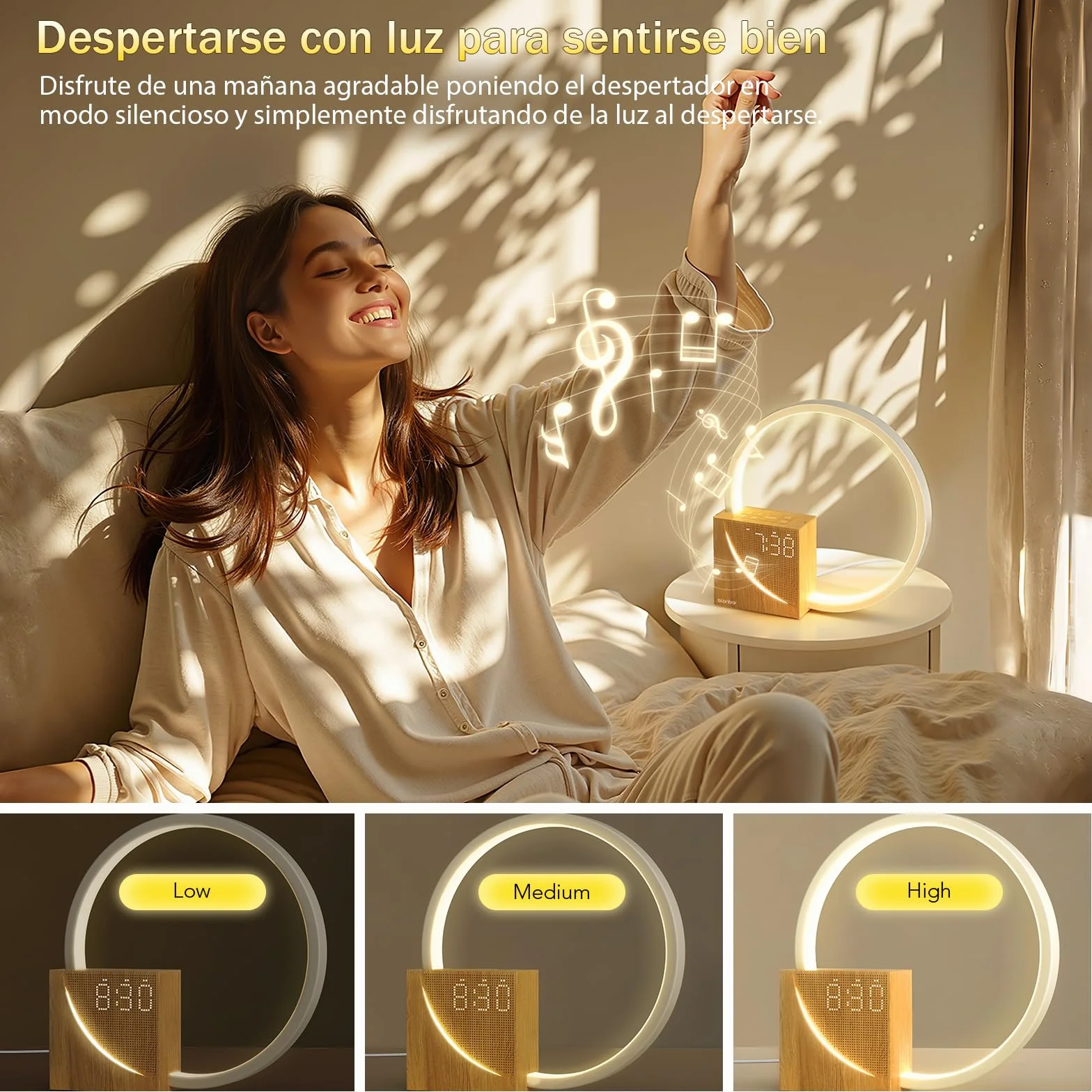 blonbar Despertador de Luz Natural de Cabecera 10W con Carga USB, Luz Nocturna Táctil de 3 Niveles de Brillo, Ayuda para el descanso de adultos y bebés