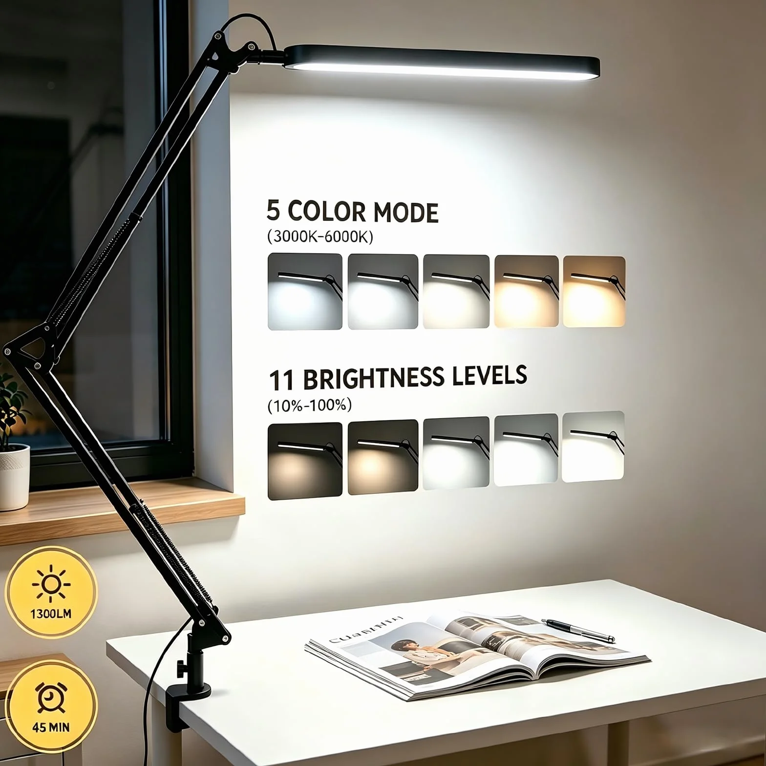 SKYLEO Lámpara Escritorio LED 1300LM 12W Brazo Oscilante Ajustable Negro