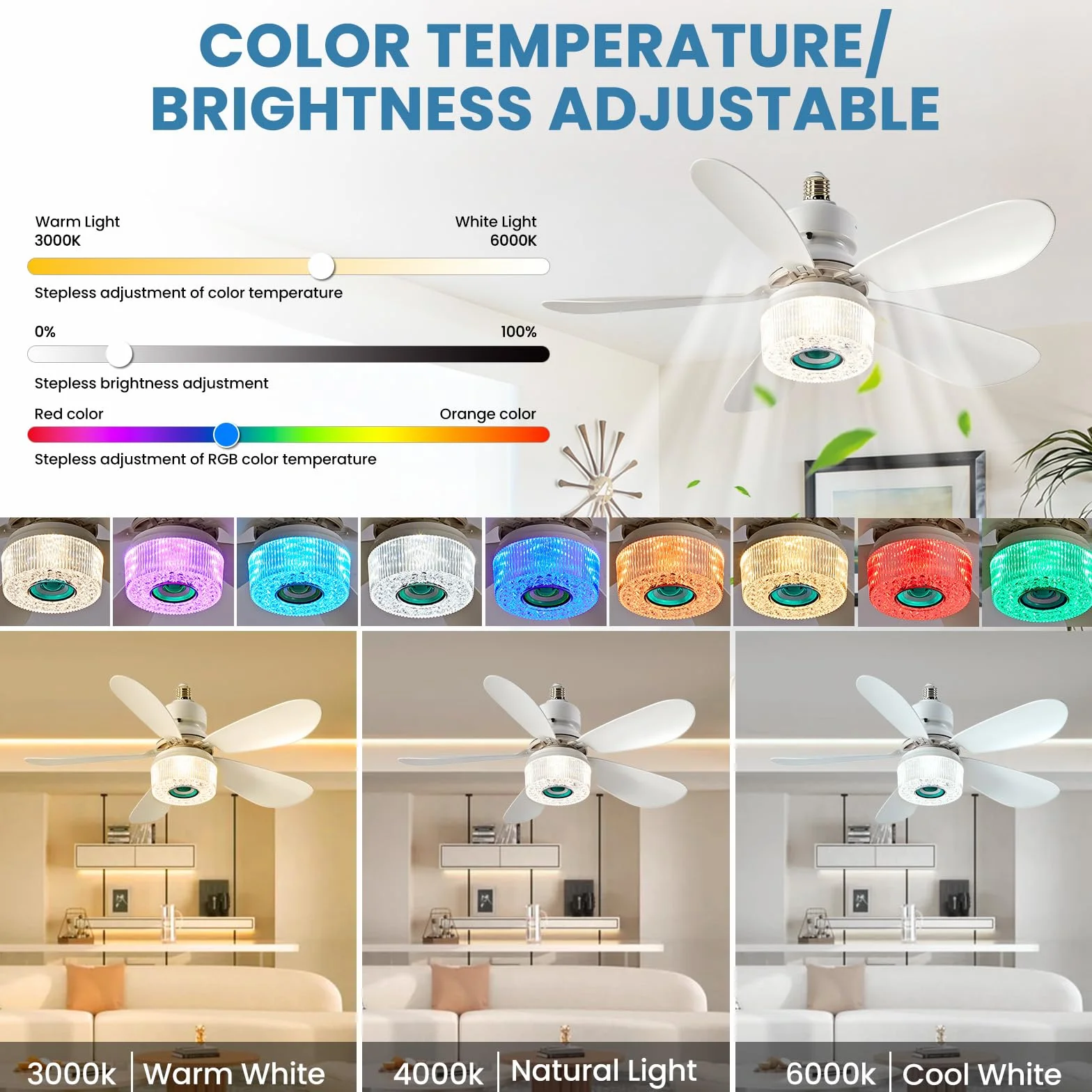 Ventilador de techo 52 cm 6 aspas RGB Altavoz Bluetooth Control Remoto 3 Velocidades Color Ajustable Verde
