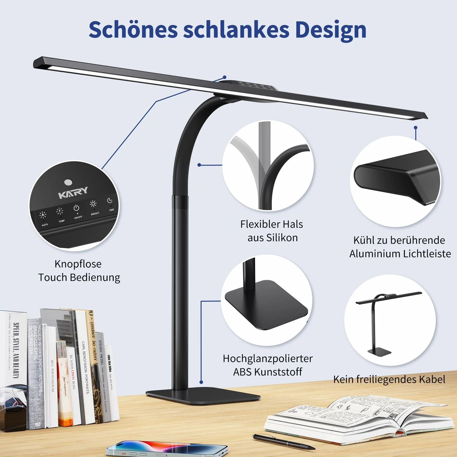 Kary Lámpara de escritorio LED con base, 24W 80cm 1800Lumen Lámpara de luz diurna regulable ultra brillante con Standfu para oficina, trabajo, diseño, arquitecto, regulación automática
