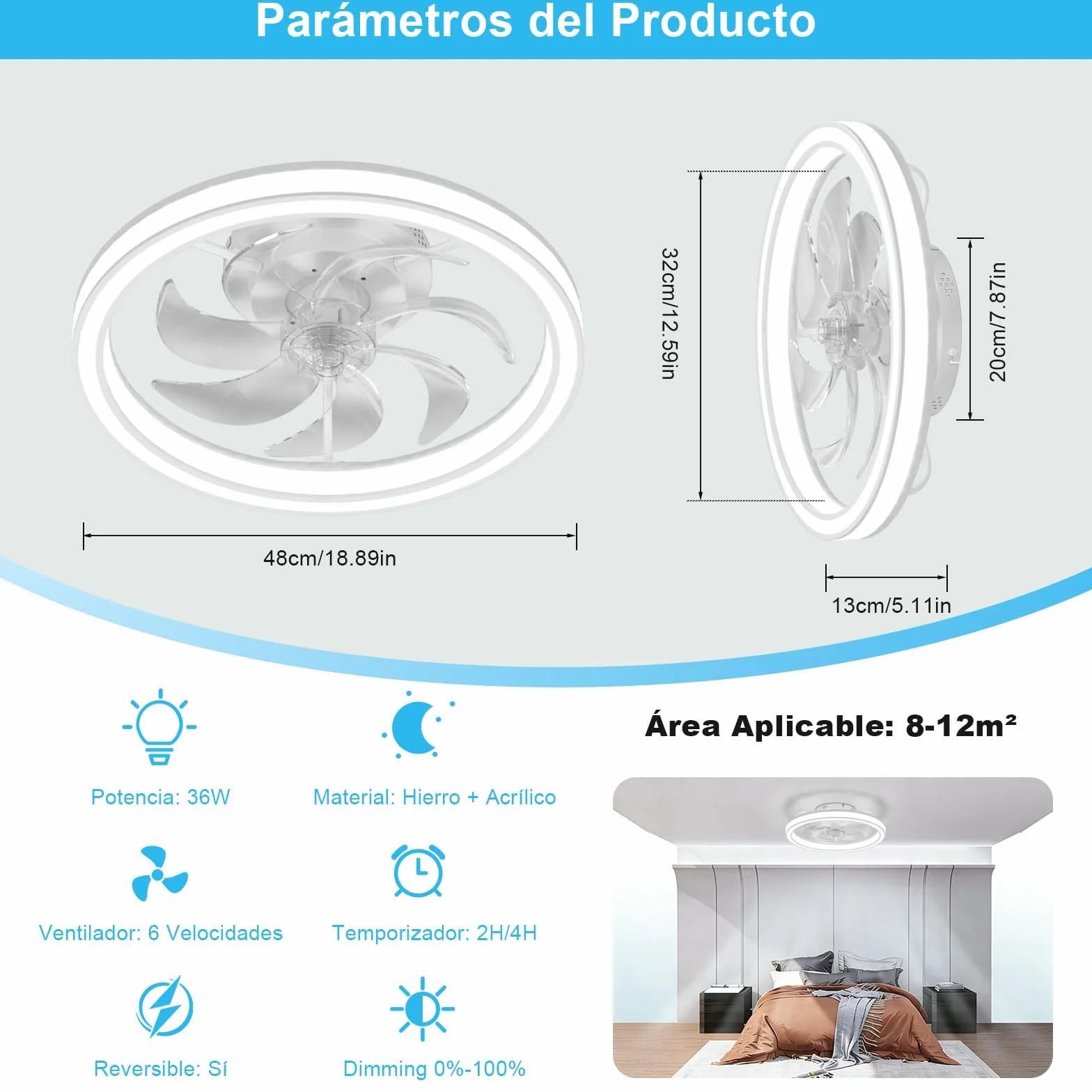 Ventilador de Techo con Luz LED 48CM, Lámpara Ventilador Techo con Control Remoto, Motor Silencioso con 6 Velocidades Reversibles, Temporizador, Luz Ventilador Techo Dormitorio, Blanco