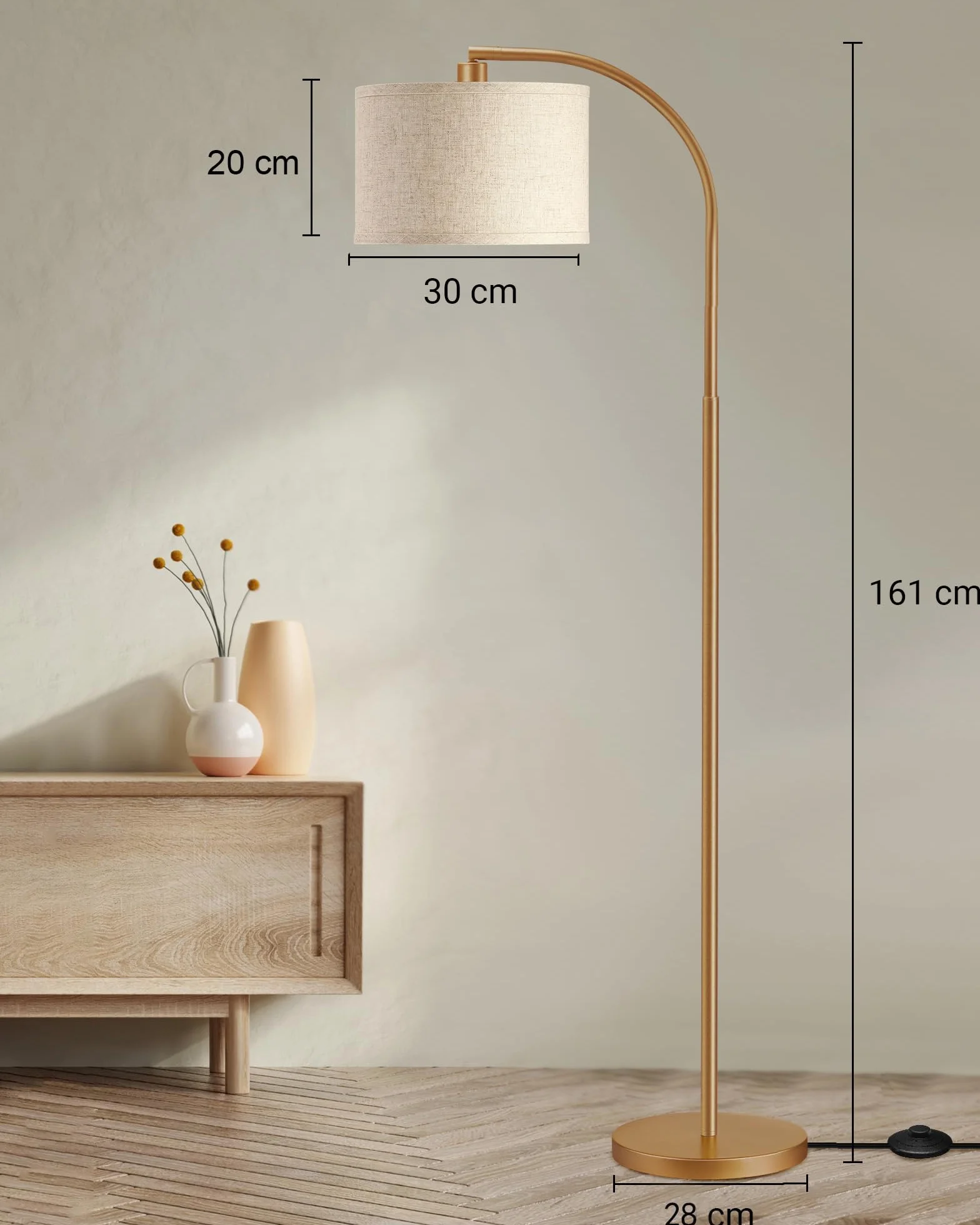 EDISHINE Lámpara de Pie Arco 161cm Pantalla de Lino Beige E27 con Bombilla LED Ajustable Dorado