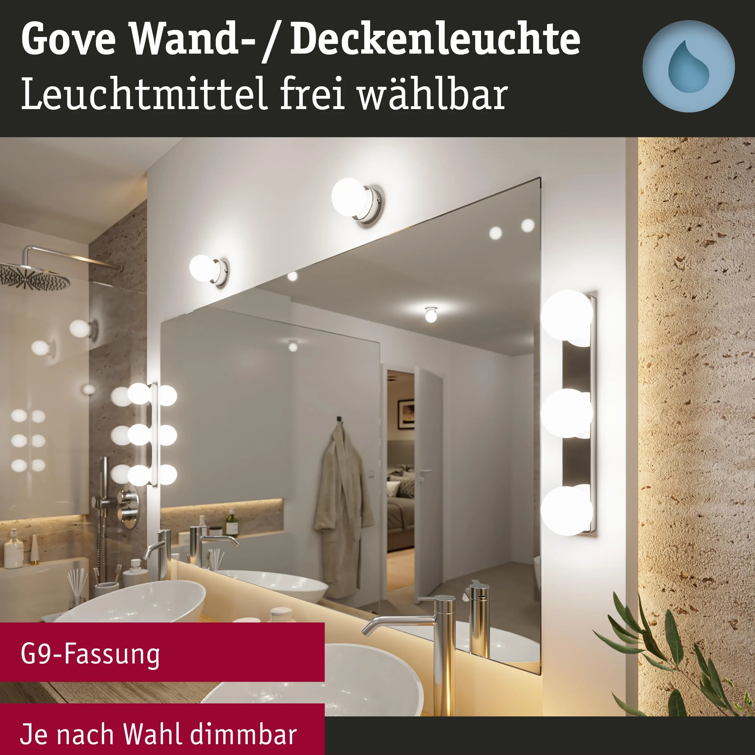 Paulmann 71063 Aplique Selection Bathroom Gove IP44 G9 230 V máx. 3x20W regulable, cromo, satinado, luminaria de baño