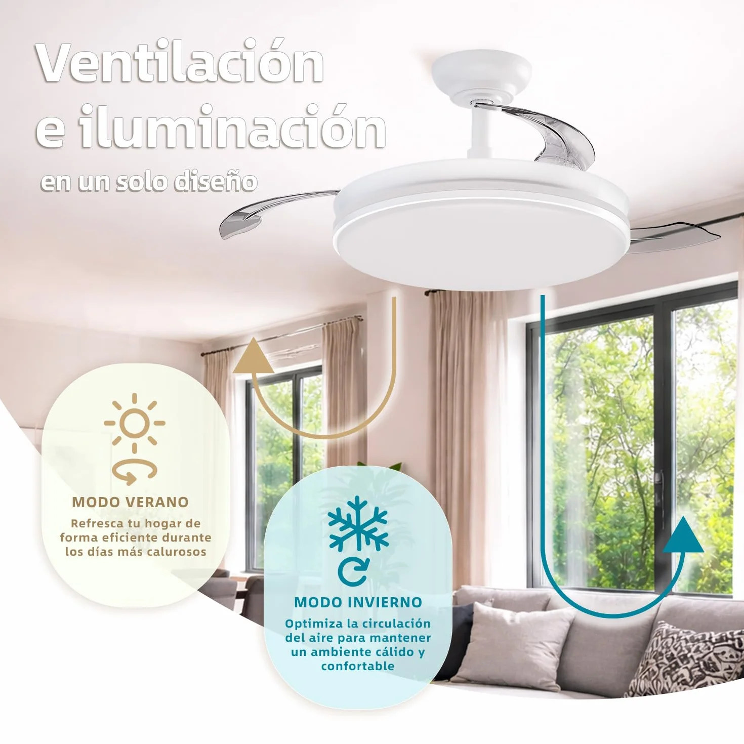 LEDUNI Ventilador con Luz LED 72w 7590LM con mando a distancia, Motor DC temporizador, 6 velocidades, aspas retráctiles, 3 temperaturas de luz, función verano-invierno Silencioso (Blanco)