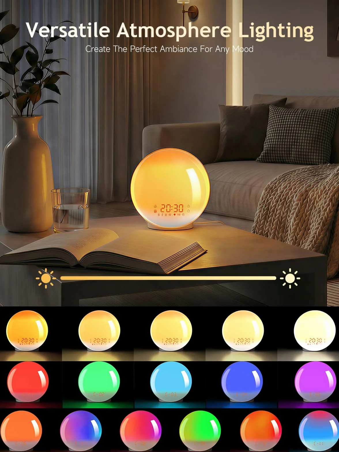 Despertador Luz Wake Up Light con Simulación de Amanecer y Atardecer, App Control, 4 Alarmas, Radio FM, 12 Colores