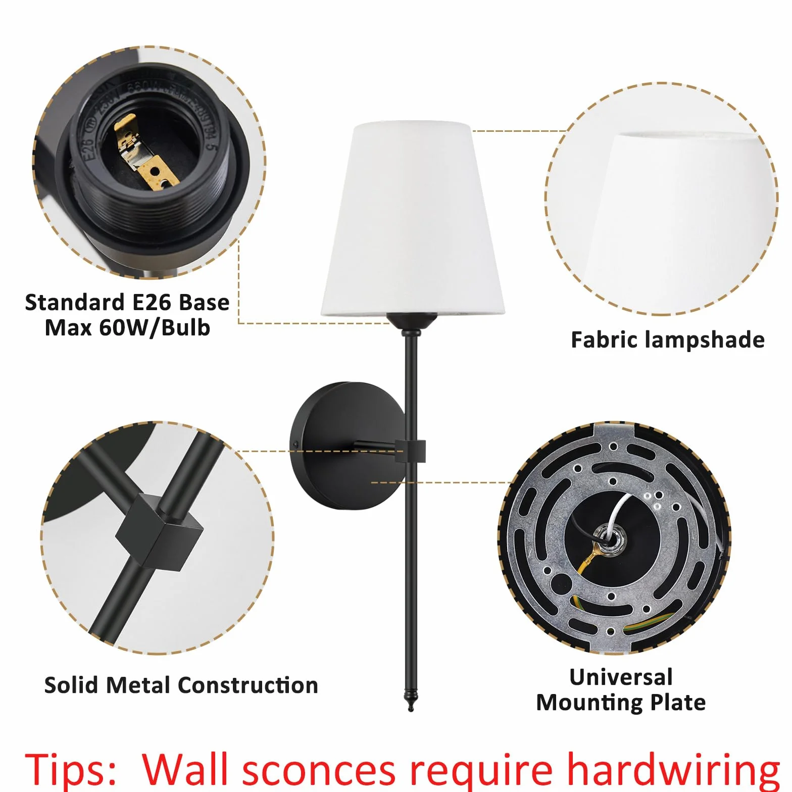 KUAUGST - Juego de 2 apliques de pared industriales retro, apliques de cambiador de baño, iluminación de pared con visualización de tela blanca, adecuado para recámara, sala de estar, pasillo y cocina