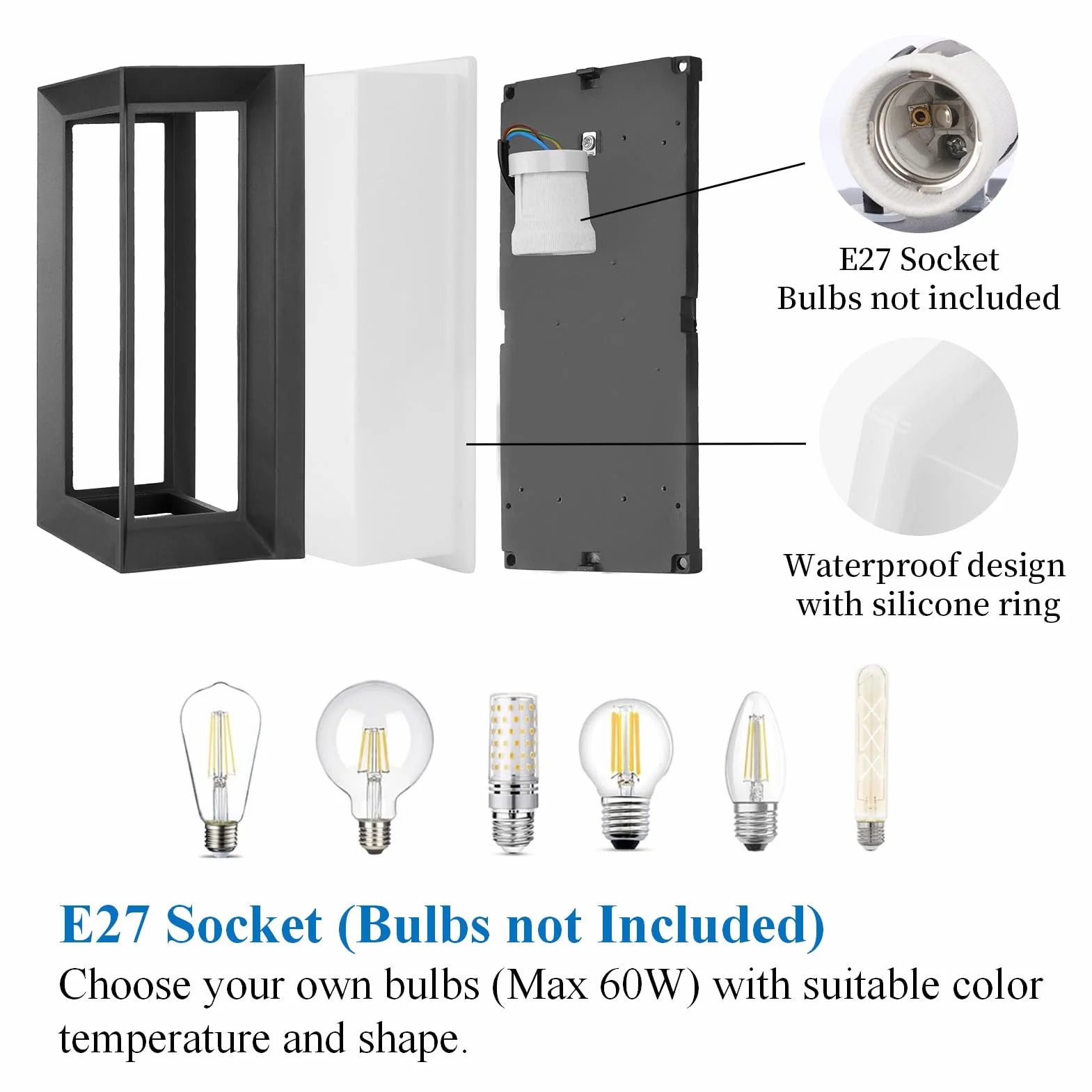 Klighten Apliques de Pared E27 Exterior Interior, Max 60W, IP65 Impermeable Luz de Pared, Moderno Lámpara de Pared para Entrada Terraza Ingresso, PC + Alluminio, Bombilla no Incluida, Negro