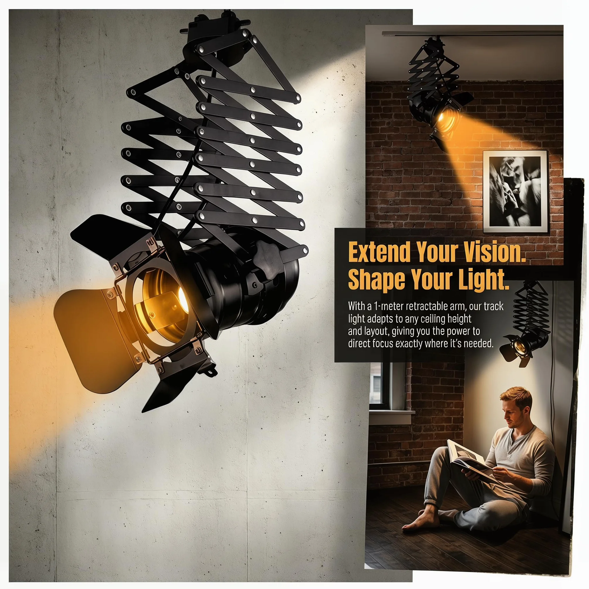 BARCELONA LED Foco de Carril Monofásico E27 Orientable Extensible Cinema Lámpara Estilo Cine Vintage Industrial Aluminio Negro Iluminación Direccional