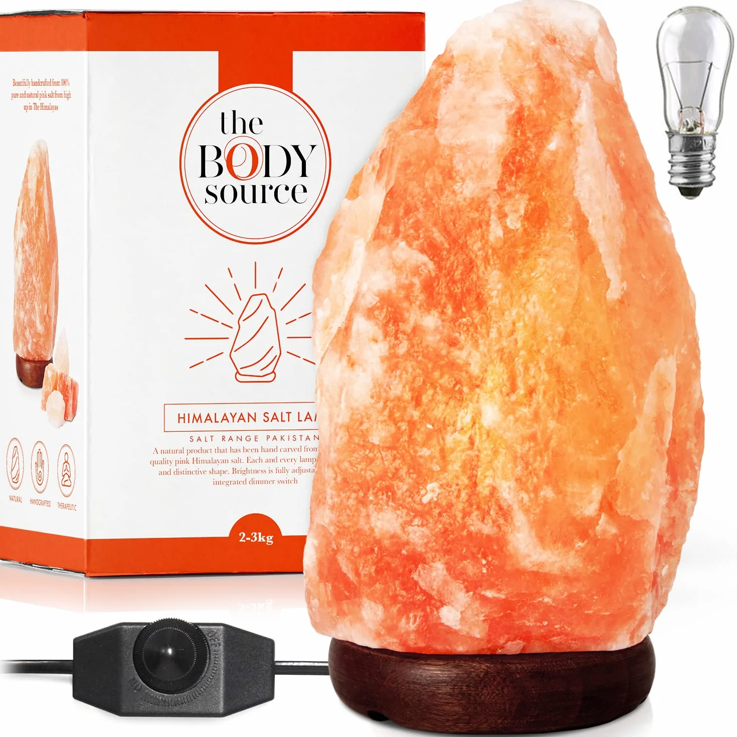 The Body Source Lámpara de Sal del Himalaya 2-3 KG con Regulador de Intensidad Base de Madera