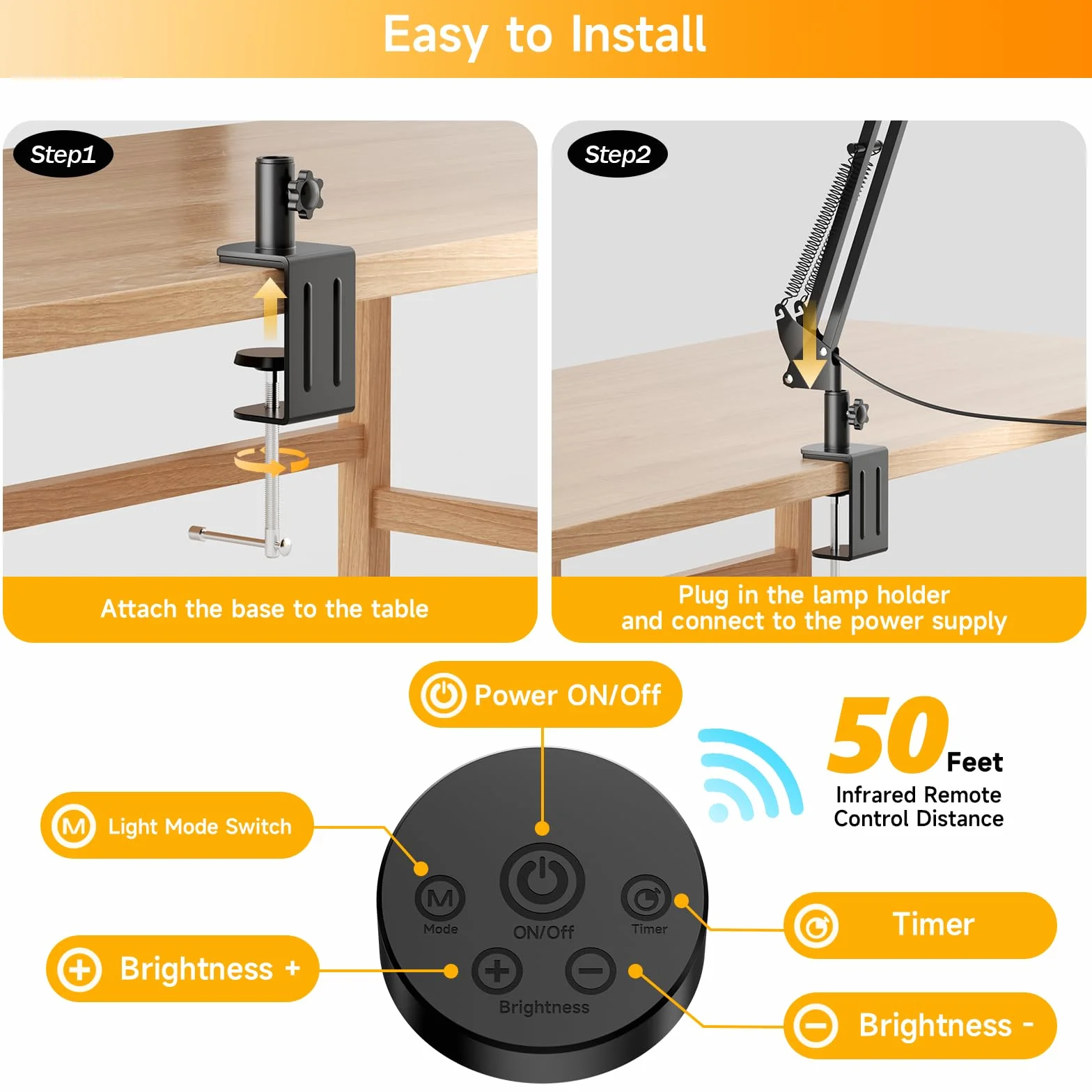 SKYLEO Lámpara LED Escritorio Doble Cabezal con Clip, 2400 LM, 24W, 5 Modos Temperatura Color, Control Remoto, Negro