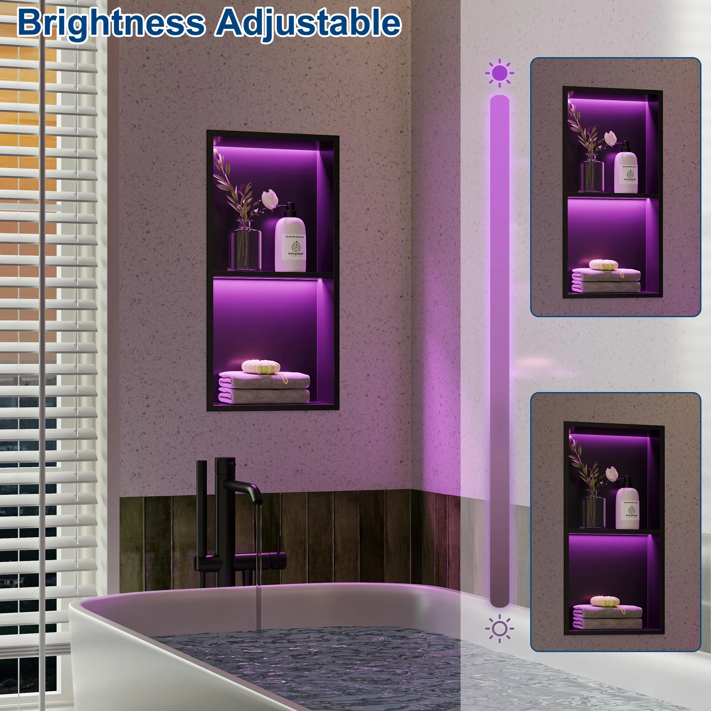 Ducha de pared acero inoxidable LED RGB IP68 doble nicho negro 60x30 cm mando a distancia 20 modos