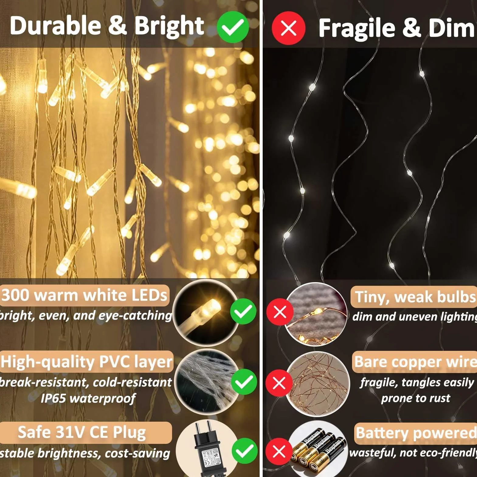 Cozymeow Cortina de Luces 6M x 3M 600 LED Impermeable Exterior Blanco Cálido