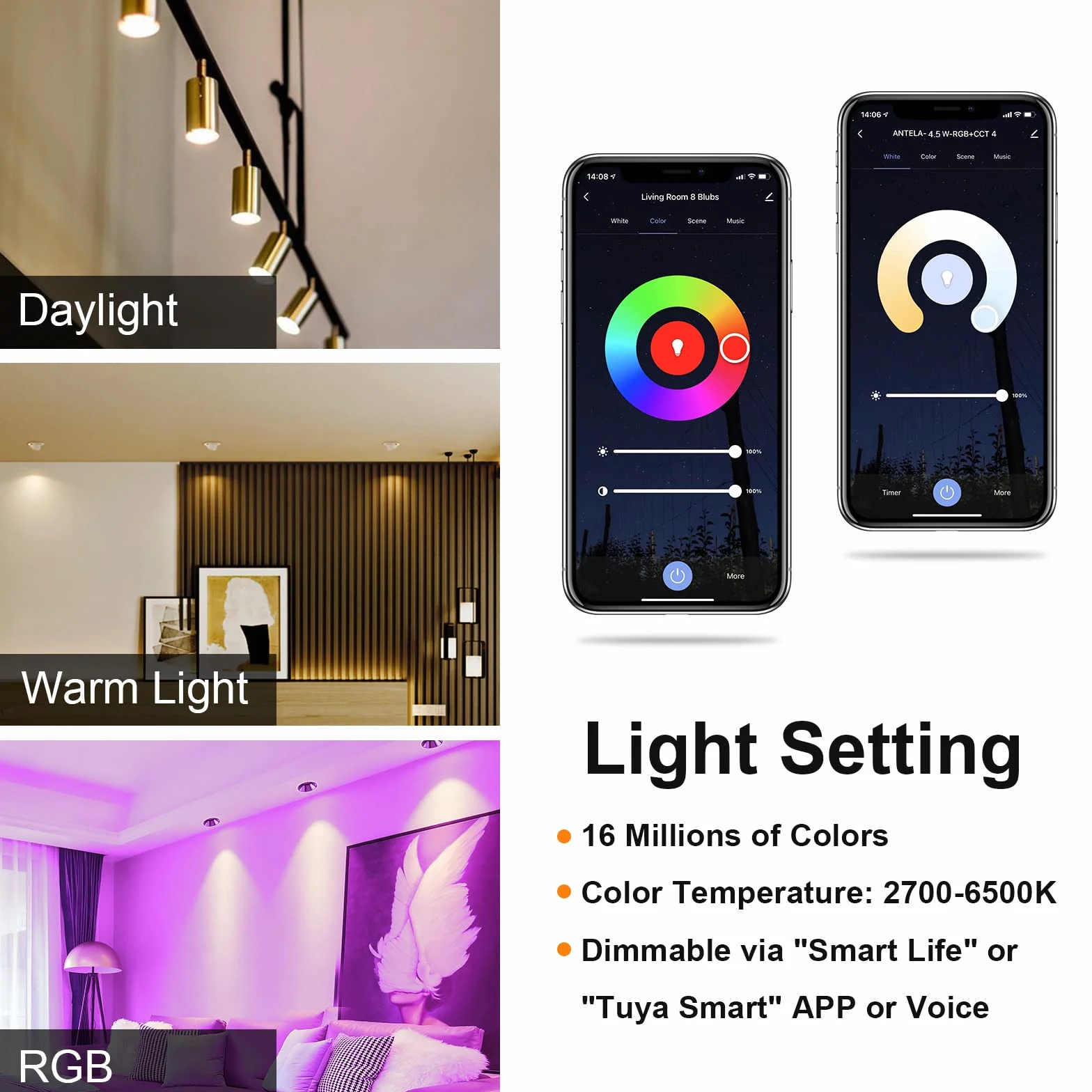 ANTELA Bombilla GU10 Inteligente Wifi Compatible con Alexa y Google Home, Luz Fría/Cálida 2700K-6500K, Bombilla RGB 16 Millones de Colores, 4,5W, 326LM, CRI 80, 15000hrs,4 PCS