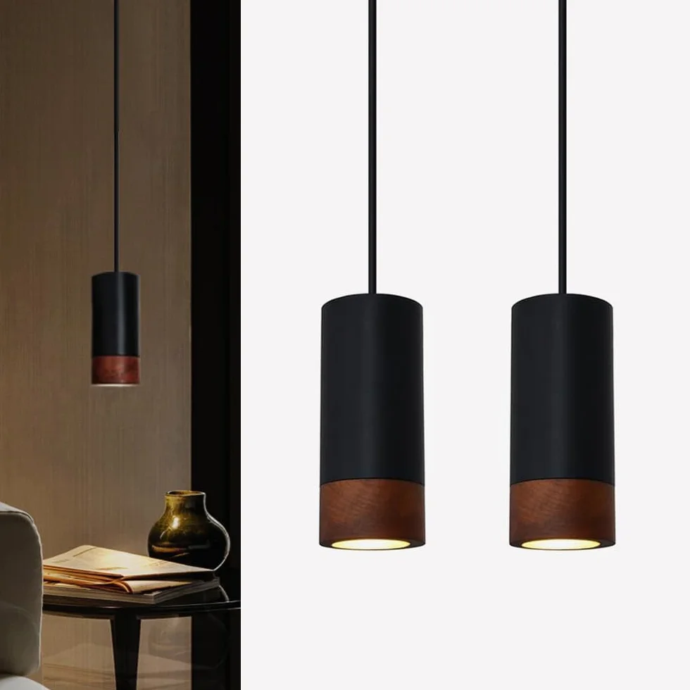 Lámpara Colgante de Madera Vintage Cilindro Negro GU10 Aluminio Industrial para Cocina Comedor Salón