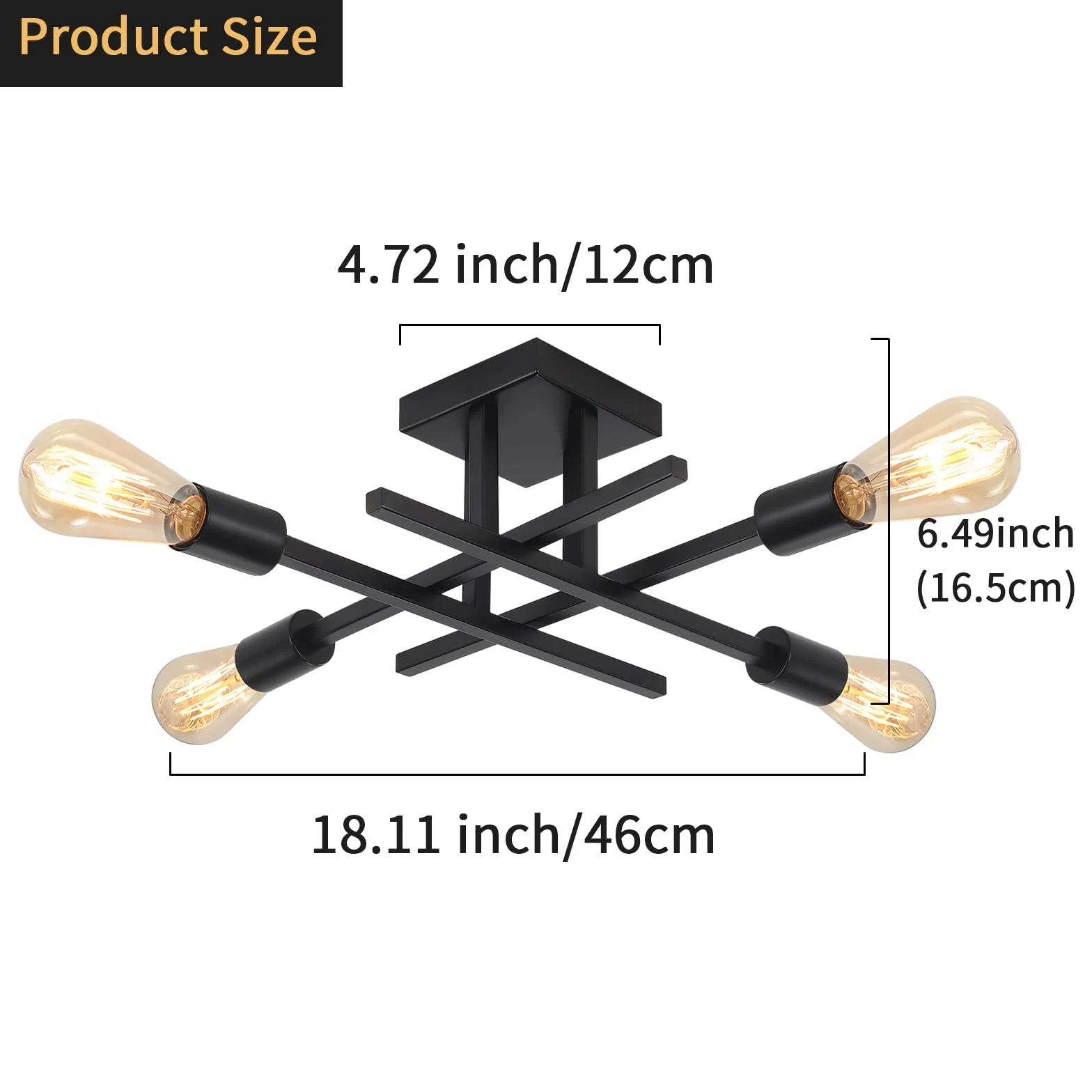 Lampara Techo Negro 4 Luces Vintage E27 para Salon Comedor Cocina