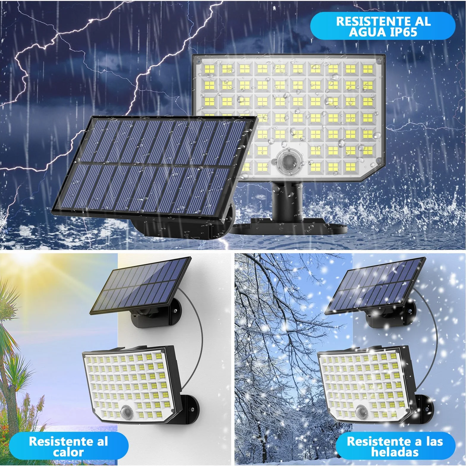 Luces Solares Exterior Jardin, Foco Solar 256 LED 2 Paquete Separar Lampara Solar con Mando a Distancia 3 Modes IP65 con Sensor de Movimiento para Garajes Caminos