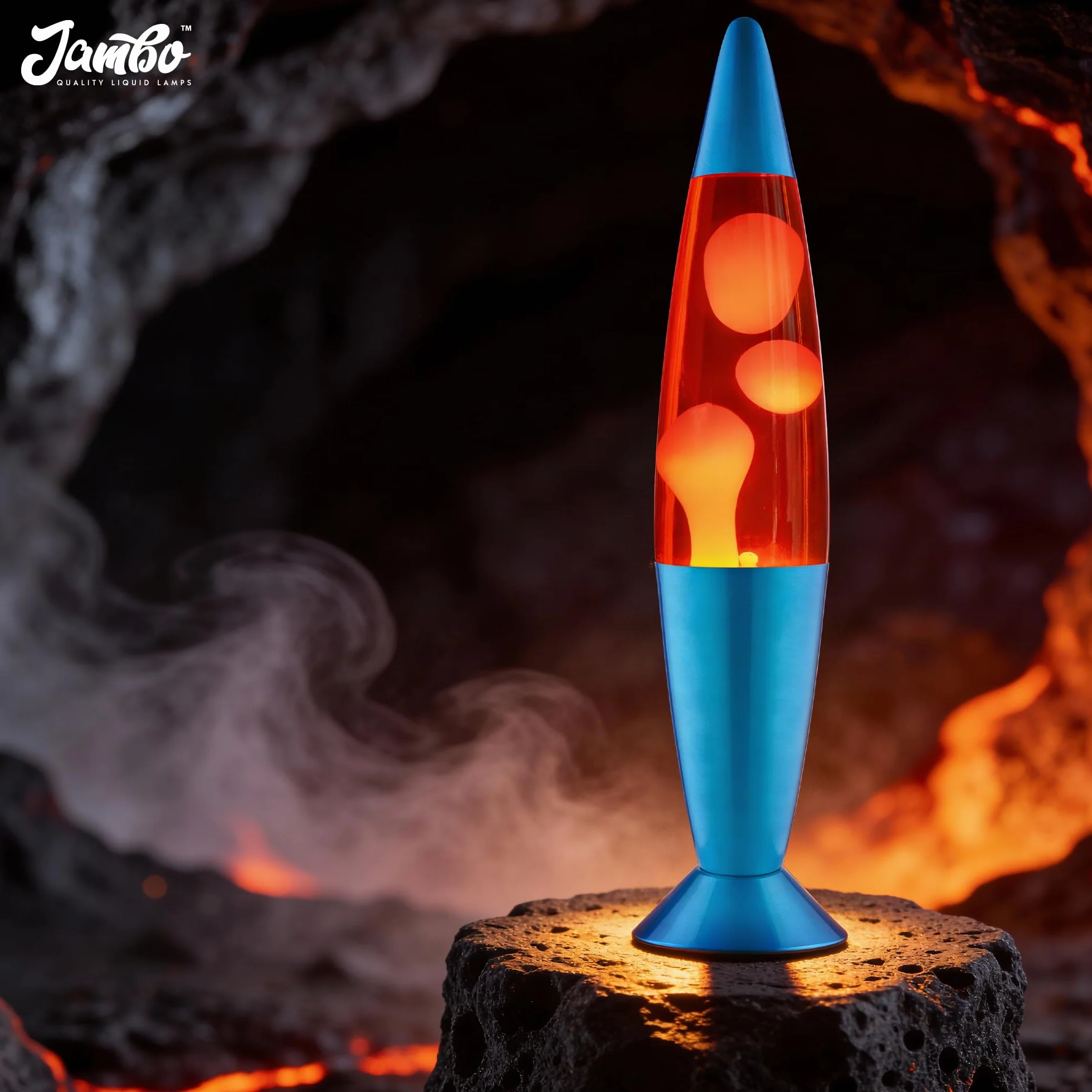 Jambo Lámpara de volcán azul con cera que fluye como lava, lámparas frescas, luces nocturnas para niños, adultos, adolescentes (16 pulgadas, base azul, líquido rojo, cera naranja)