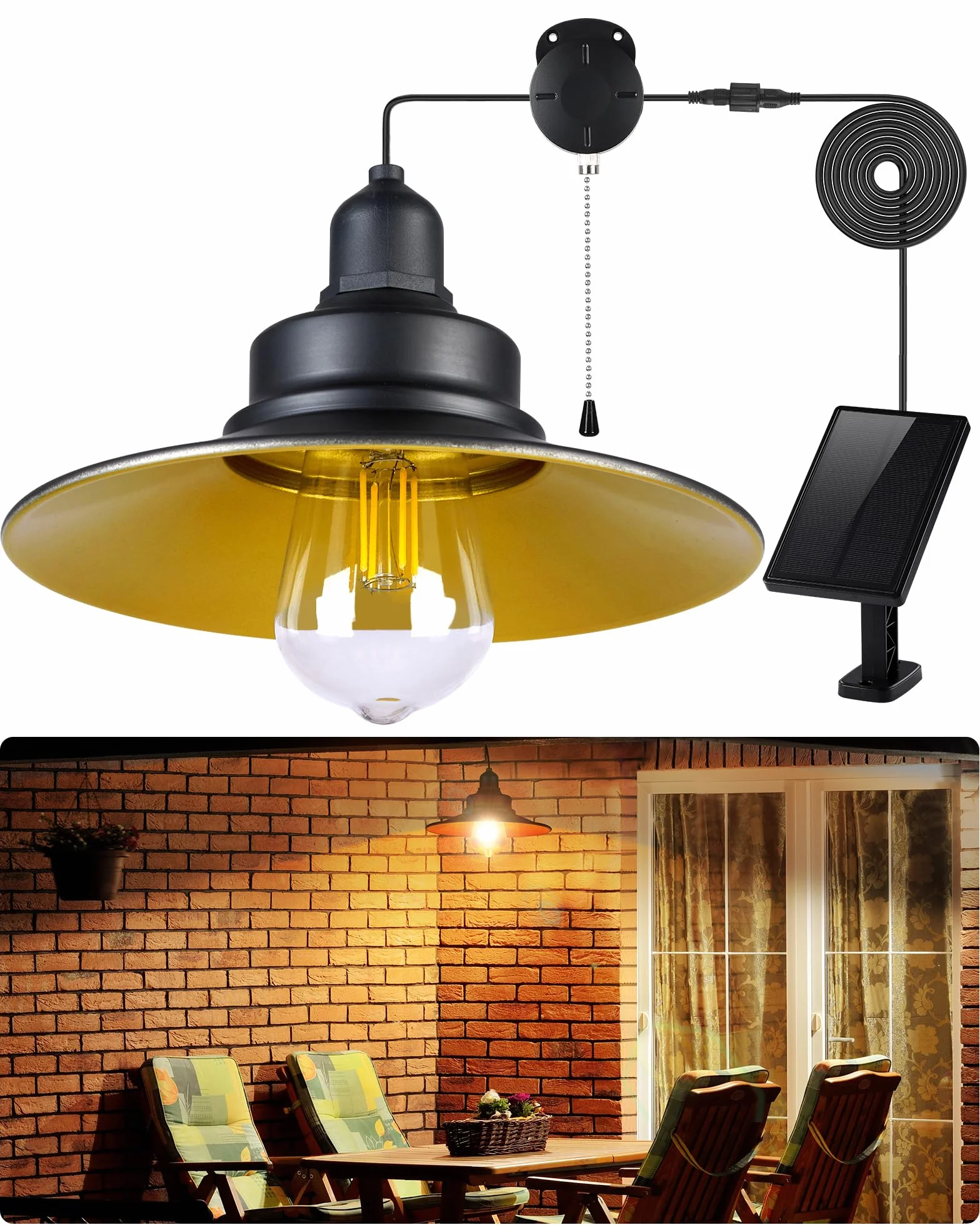 Lámpara Solar Interiorinterior Colgantes, IP65 Impermeable con Interruptor de Tirón Lampara Solar Exterior, Iluminación para Pabellón para Jardín, Terraza, Pabellón