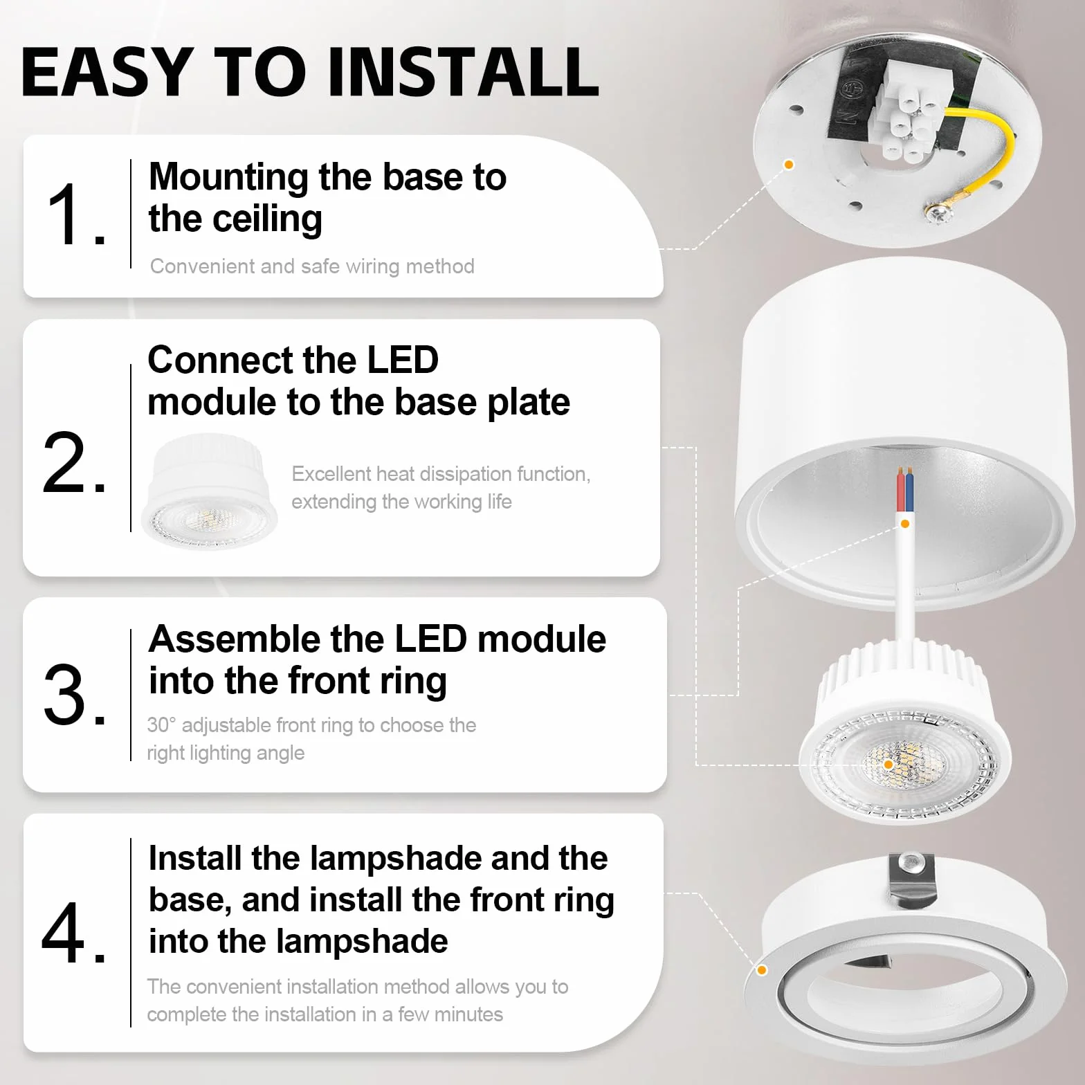 GeyouLux Focos LED Techo Superficie 230V 5W 500LM 3000K Ø80x50mm Ultradelgado Ajustable 38° Aluminio Blanco