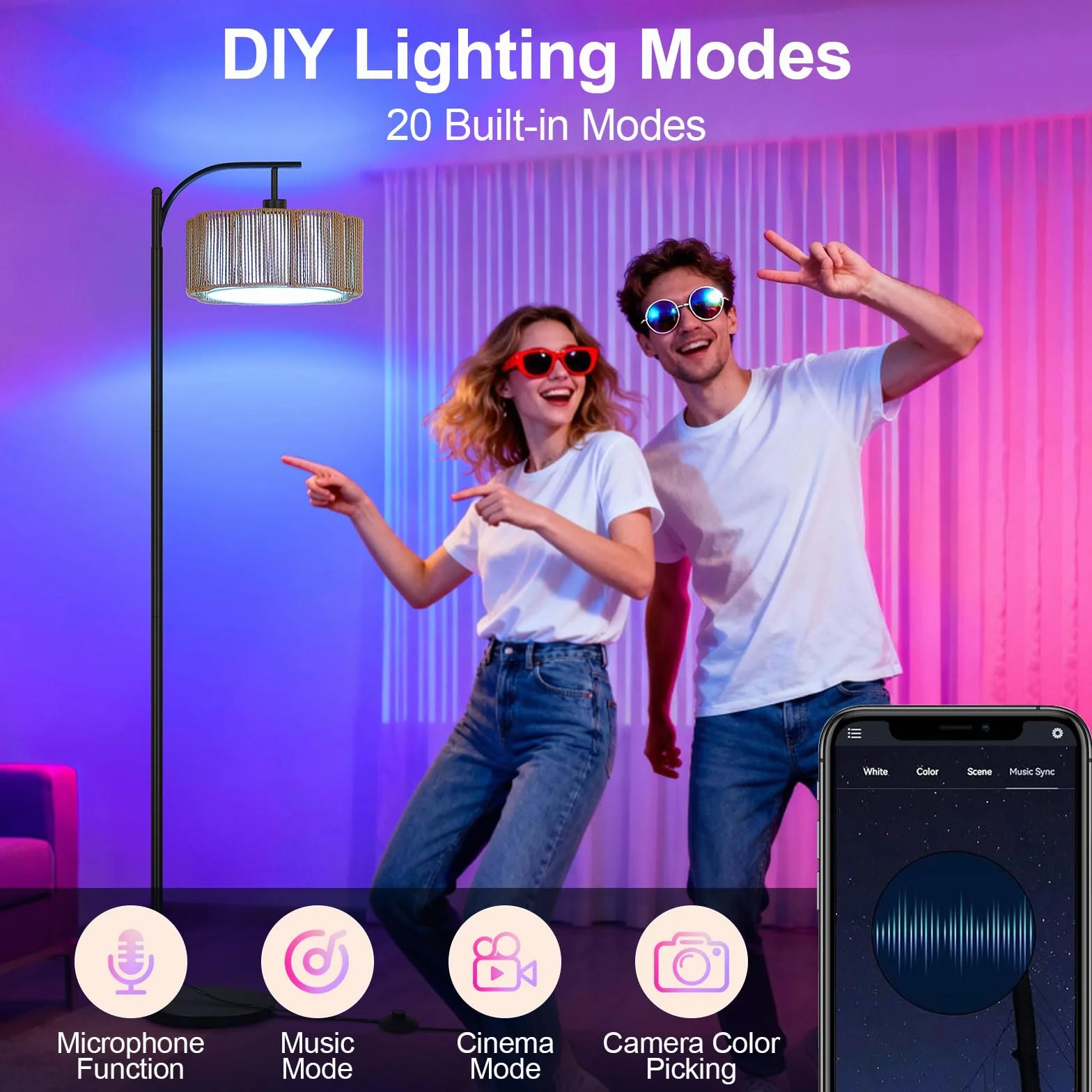 Lámpara de Pie RGB Regulable con APP y Mando, Ratán Boho Inteligente con Temporizador, Modo Música y DIY, Bombilla E27 Incluida